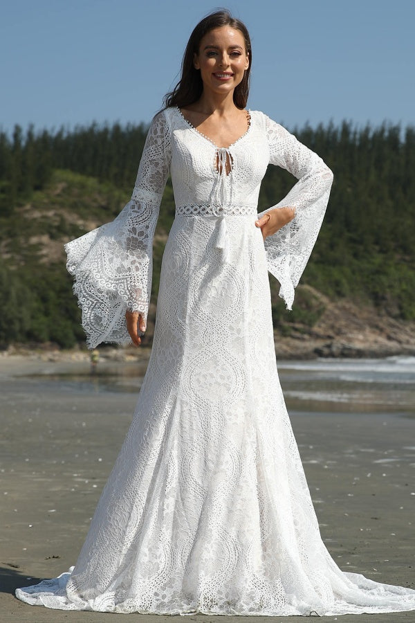 A-Line V Neck Long Bell Sleves Backless Back Zipper Fully Lace Boho Wedding Wedding Dress Beach Bride Gown