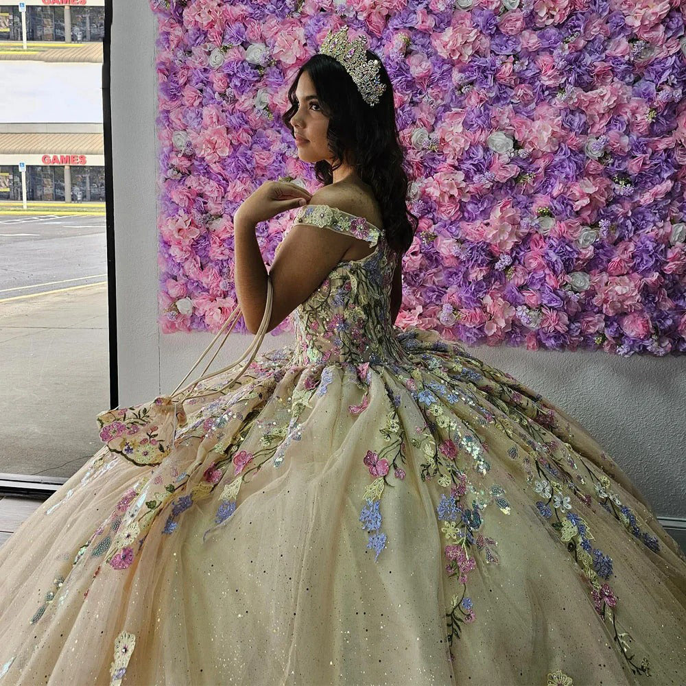 Luxury & Glamorous Ball Gown Off Shoulder 3D Floral Applique Beaded Tulle Quinceanera Dress Birthday Party Gown for Sweet 16