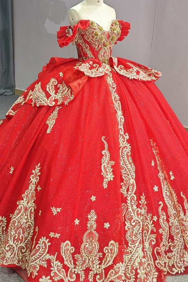red and gold sweet 16 dress Off Shoulder Sleeveless 3D Flowers Beaded Sequins Appliques Bow Knot Lace Up Sparkly Tulle Quinceanera for red and gold quinceanera dresses off the shoulder