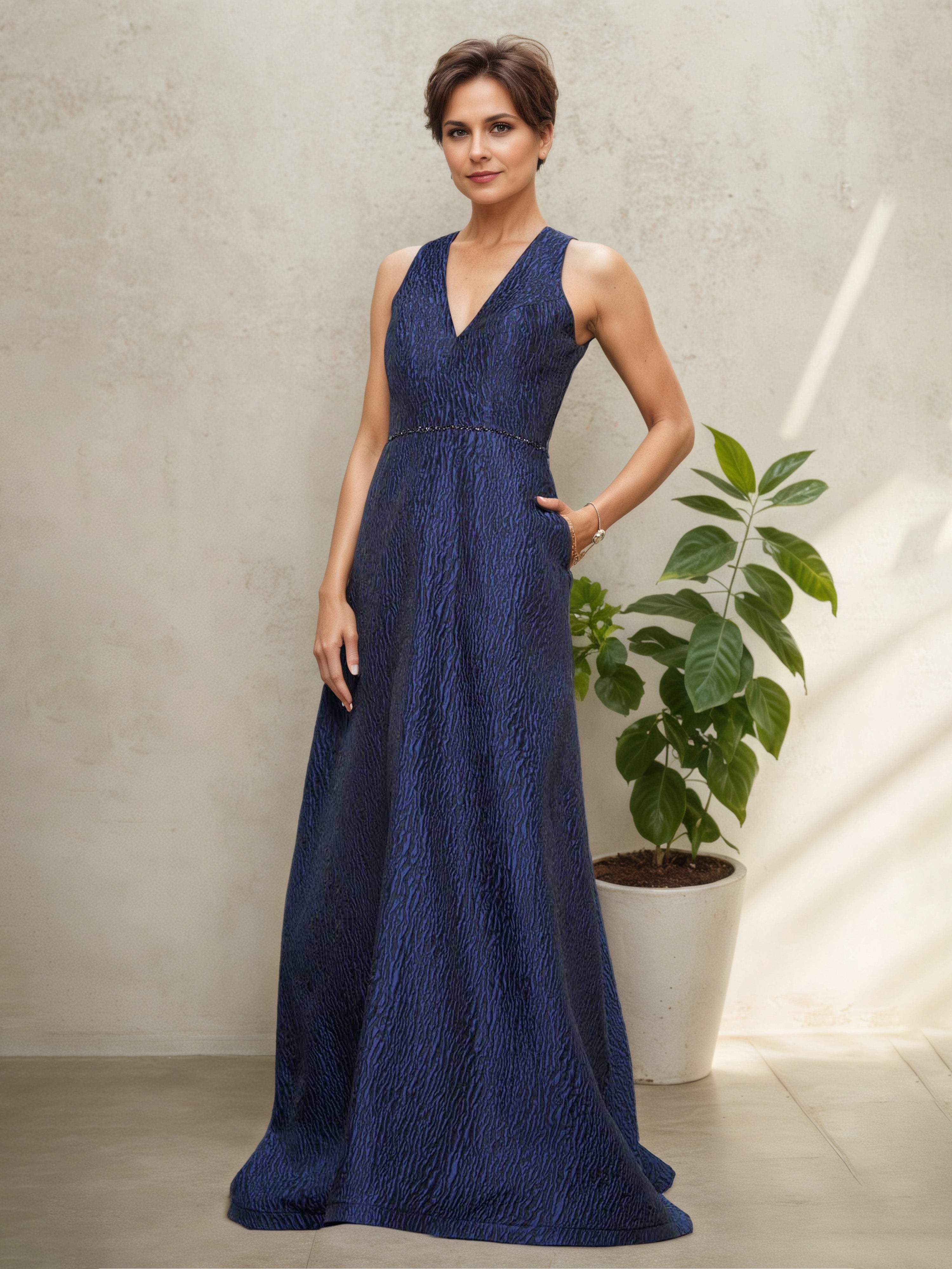 Dark Navy V-Neck Mother of the Bride Dress with Sleeves and Matching Shawl