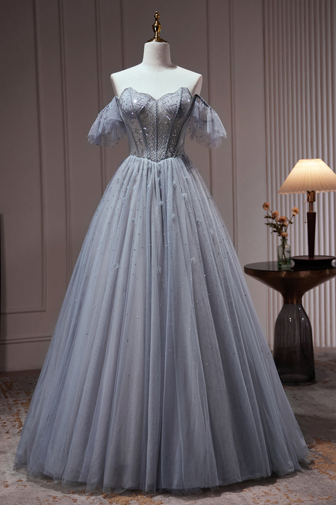 Chic Dusty Blue Beading Ball Gown Off The Shoulder A Line Tulle Long Prom Dresses Chic Dusty Blue Beading Ball Gown Off The Shoulder A Line Tulle Long Prom Dresses