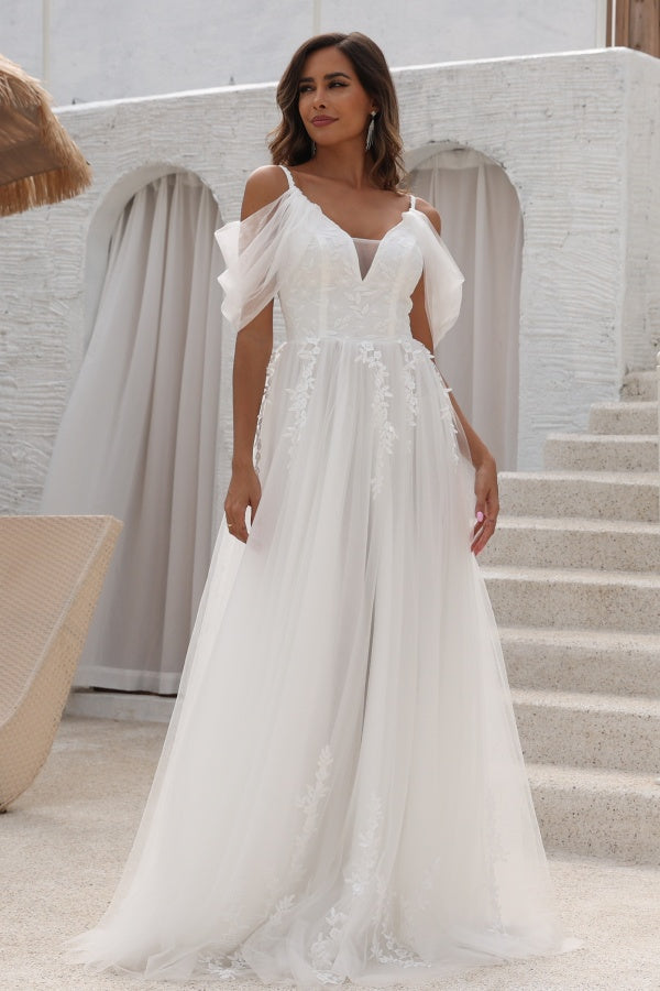 Chic A-Line Off Shoulder Spaghetti Straps Appliques Tulle Wedding Dress Floor Length Lace Up Beach Bride Gown