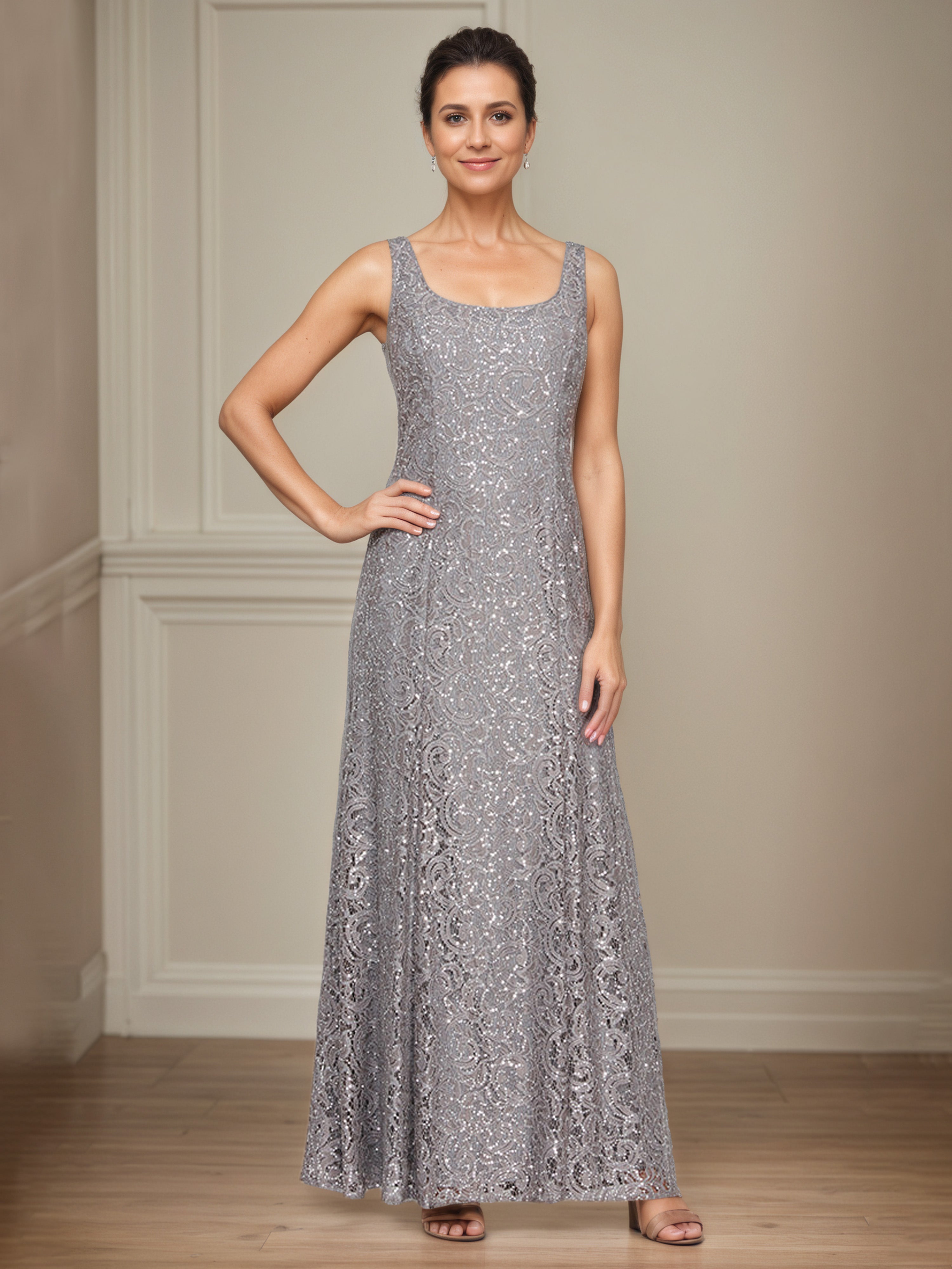 Gray Lace A-Line Mother Of The Bride Dress with 3/4 Length Sleeves Illusion Jacket