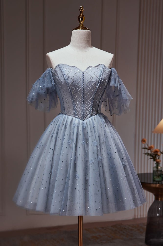 Ombreprom Homecoming Dress Dusty Blue Beading Off The Shoulder Tulle Short Cocktail Dress Ombreprom Homecoming Dress Dusty Blue Beading Off The Shoulder Tulle Short Cocktail Dress