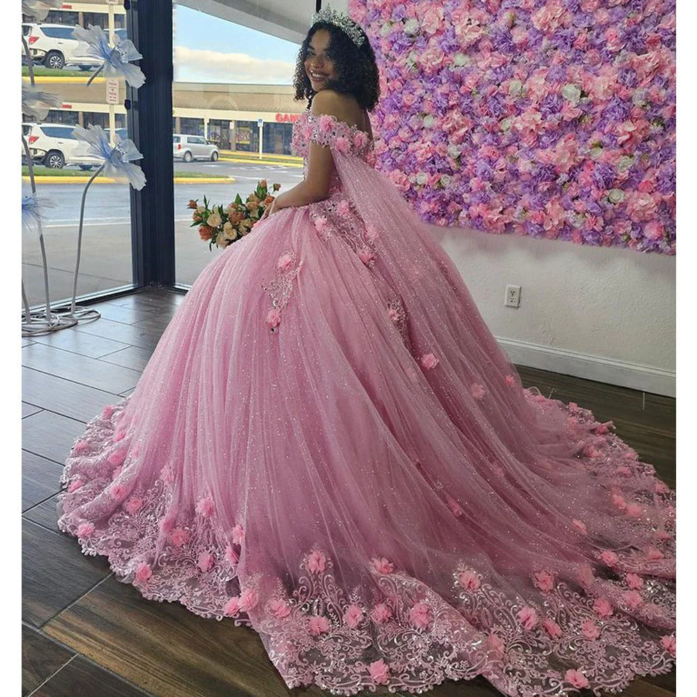 Chic & Cute Ball Gown Off Shoulder 3D Flower Lace Appliques Beaded Pink Tulle Quinceanera Dress Birthday Party Gown for Sweet 16