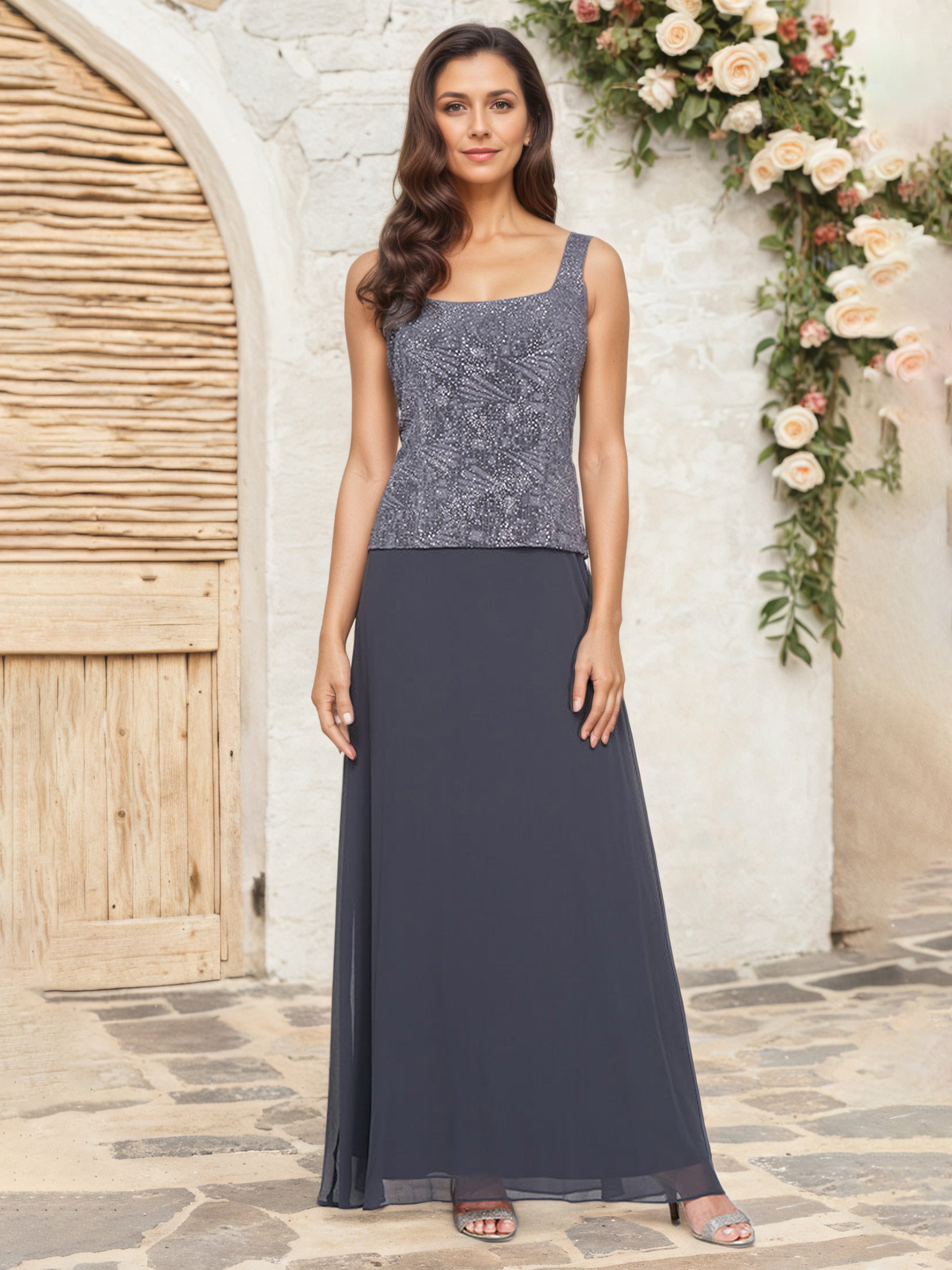 Steel Grey Chiffon Mother of the Bride Dress with Glitter Jacquard Fabric Mandarin Neckline and Matching Jacket