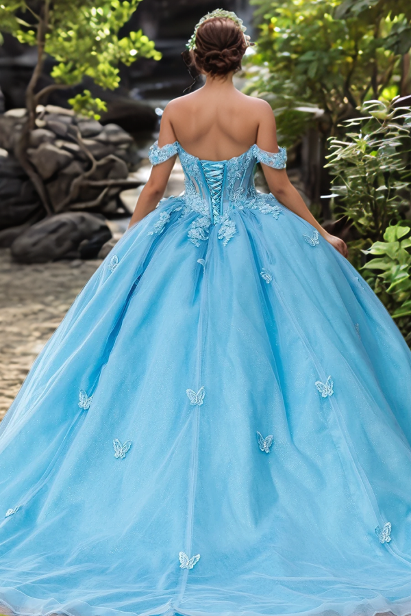 Elegant & Gorgeous Ball Gown Off Shoulder Sleeveles 3D Butterfly Appliques Tulle Quinceanera Dress Prom Dresses Party Dress for Sweet 16