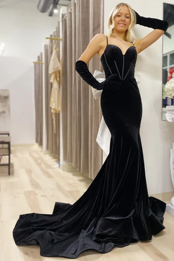 Elegant & Classic Mermaid Strapless Straps Sleeveless Pleated Velvet Black & White Floor Length Prom Dresses Dress Evening Party Gown with Train
