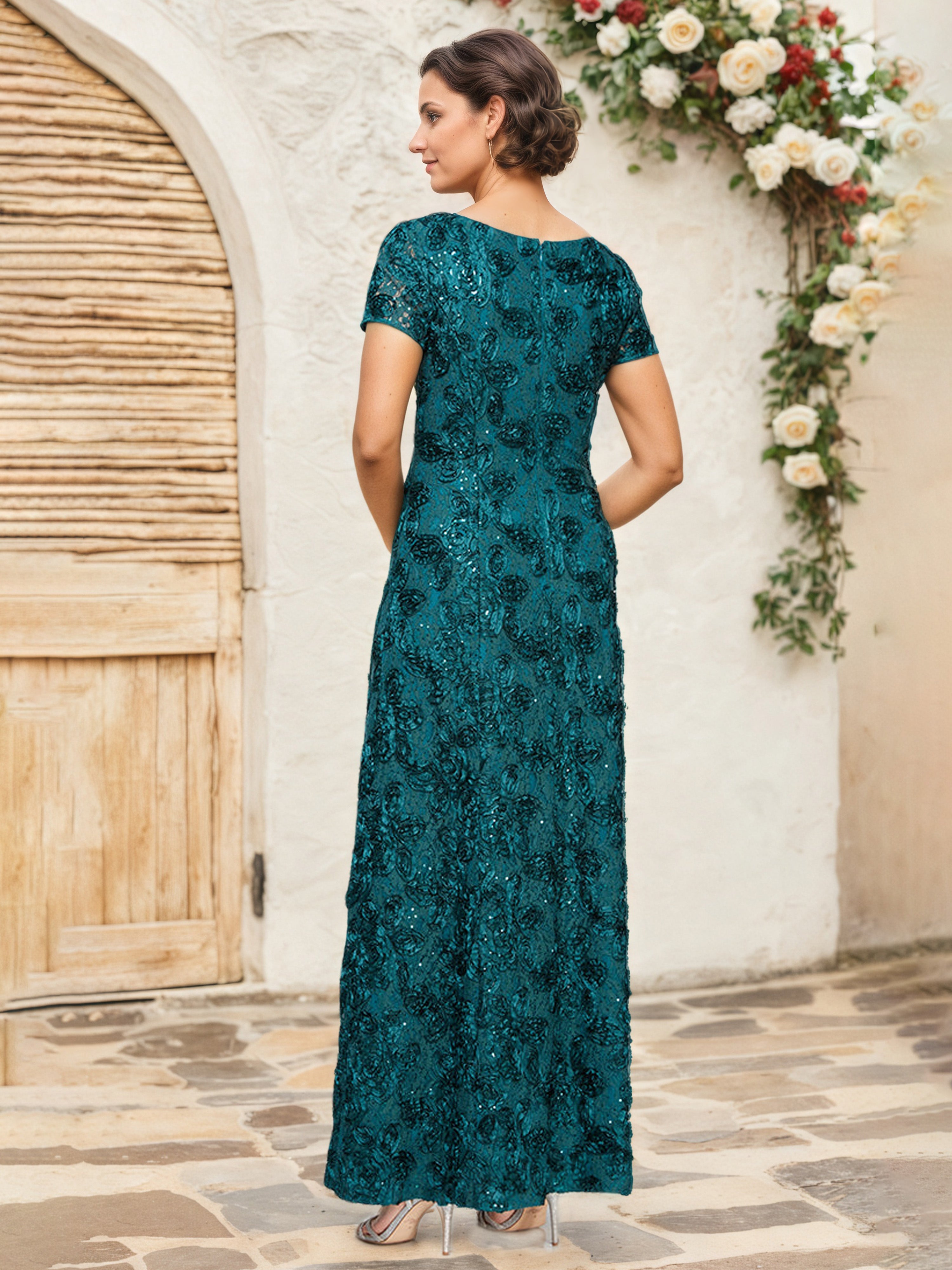 Peacock A-Line Maxi Mother of the Bride Dress with Short Sleeves Lace Appliques and Sequin Details