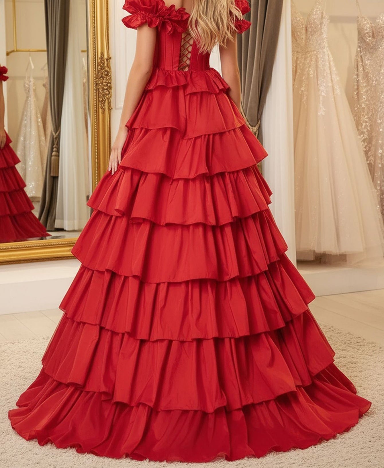 Off Shoulder Bodice Tiered Layered Ball Gown Prom Dress With Slit - Red