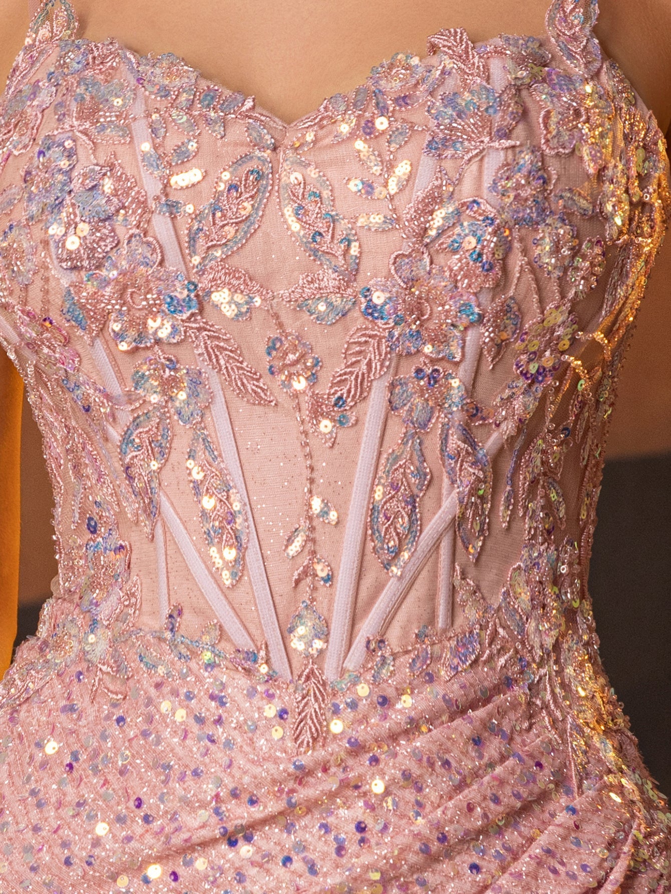 Sparkly Beading Sequin Embroidery Side Split Prom Dress - Dusty Rose