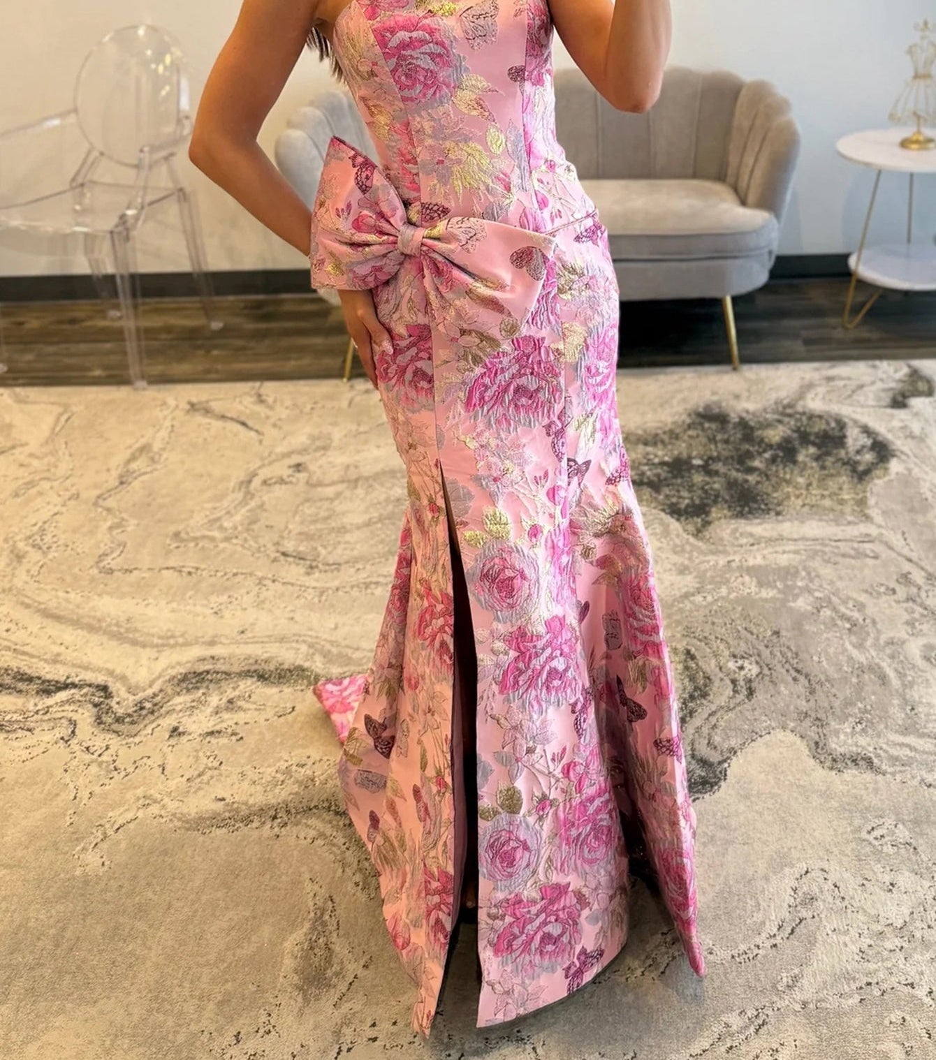 Big Bow Flower Embroidery Mermaid Prom Dress With Split - Pink Floral Big Bow Flower Embroidery Mermaid Prom Dress With Split - Pink Floral