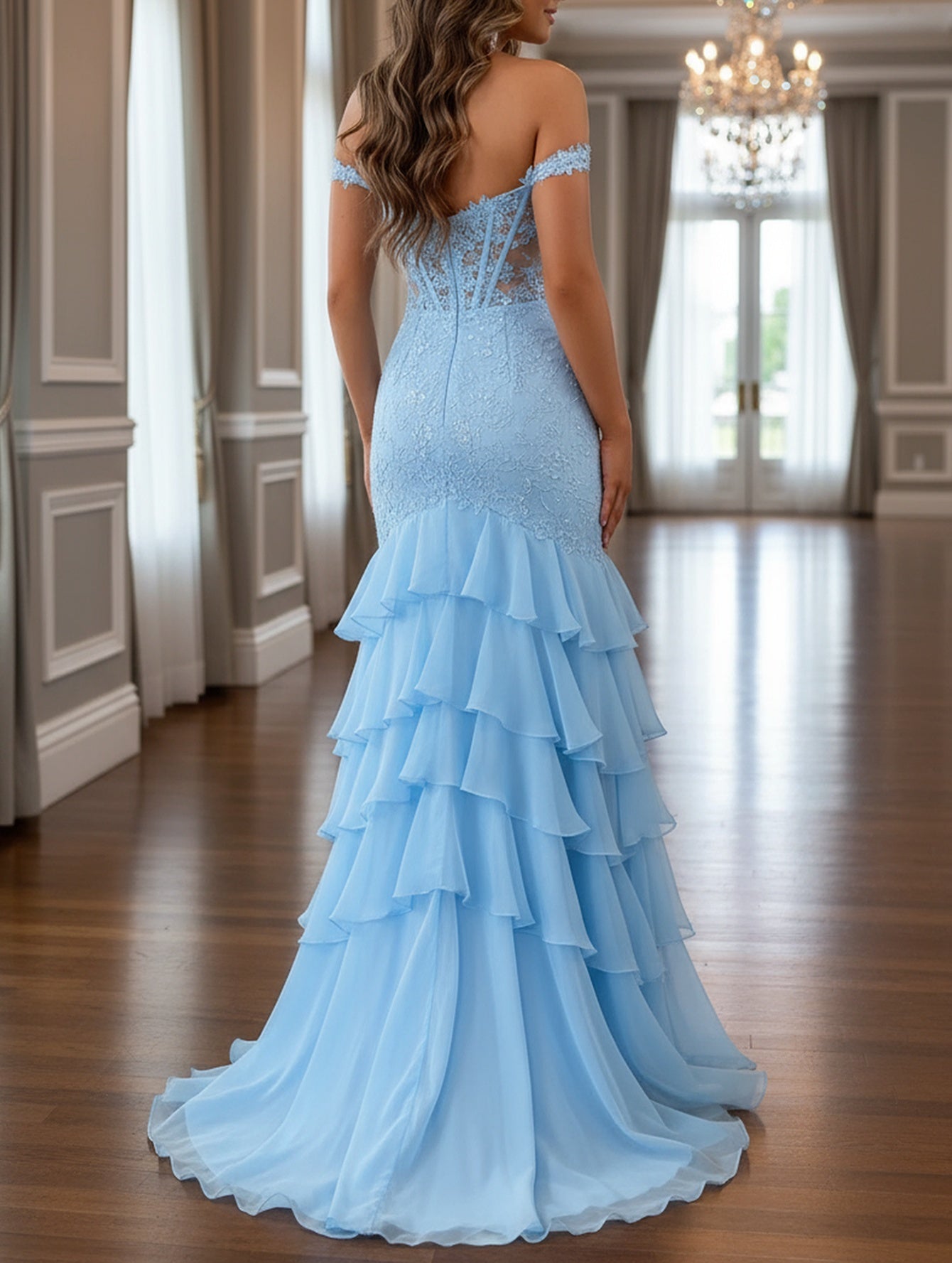 Cut Front Leaf Lace Boned Mermaid Prom Dress With Layered - Sky Blue