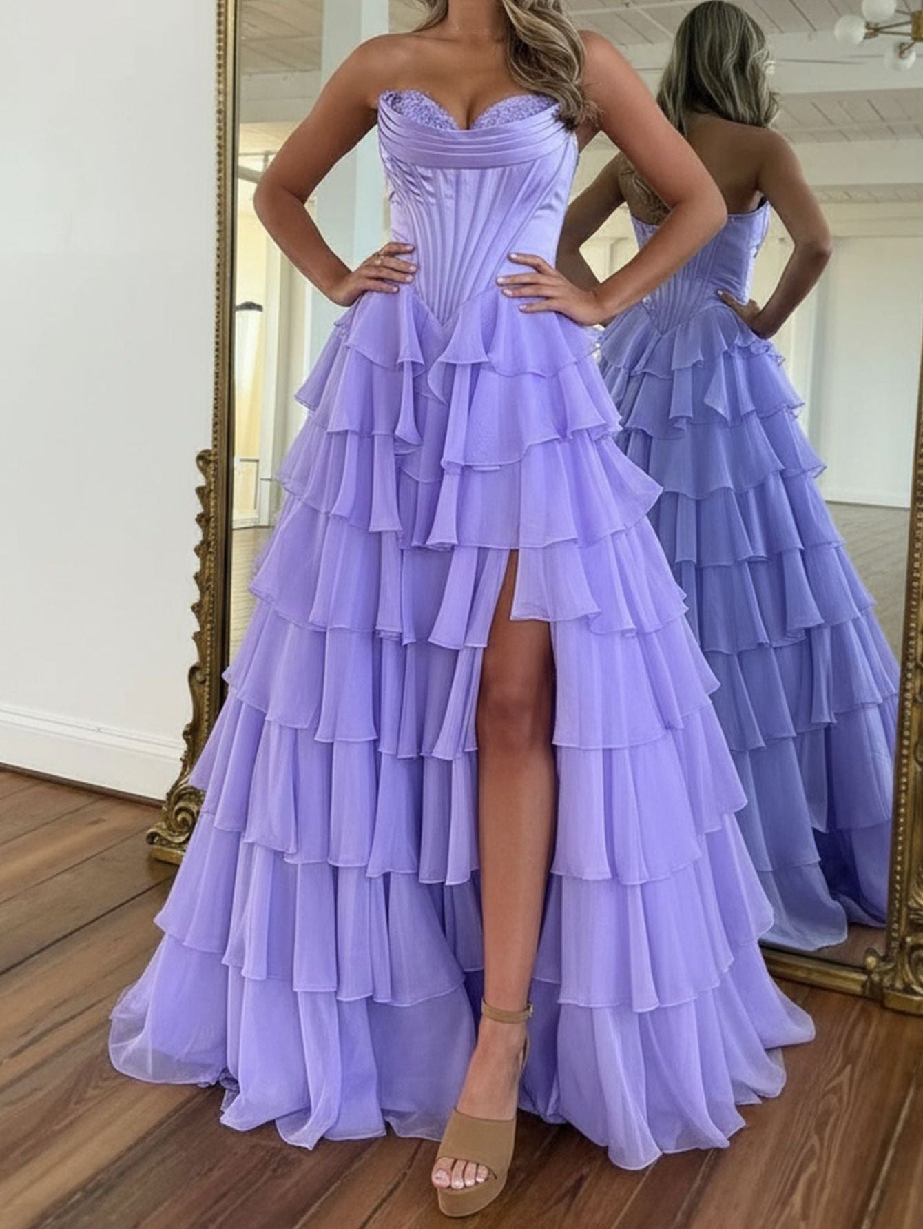 Strapless Boned Bodice Ruffle Chiffon Ball Gown Prom Dress - Lilac