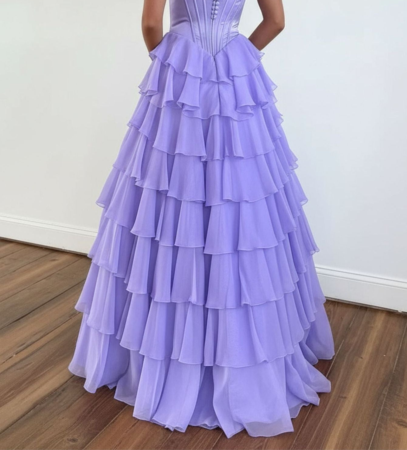 Strapless Boned Bodice Ruffle Chiffon Ball Gown Prom Dress - Lilac