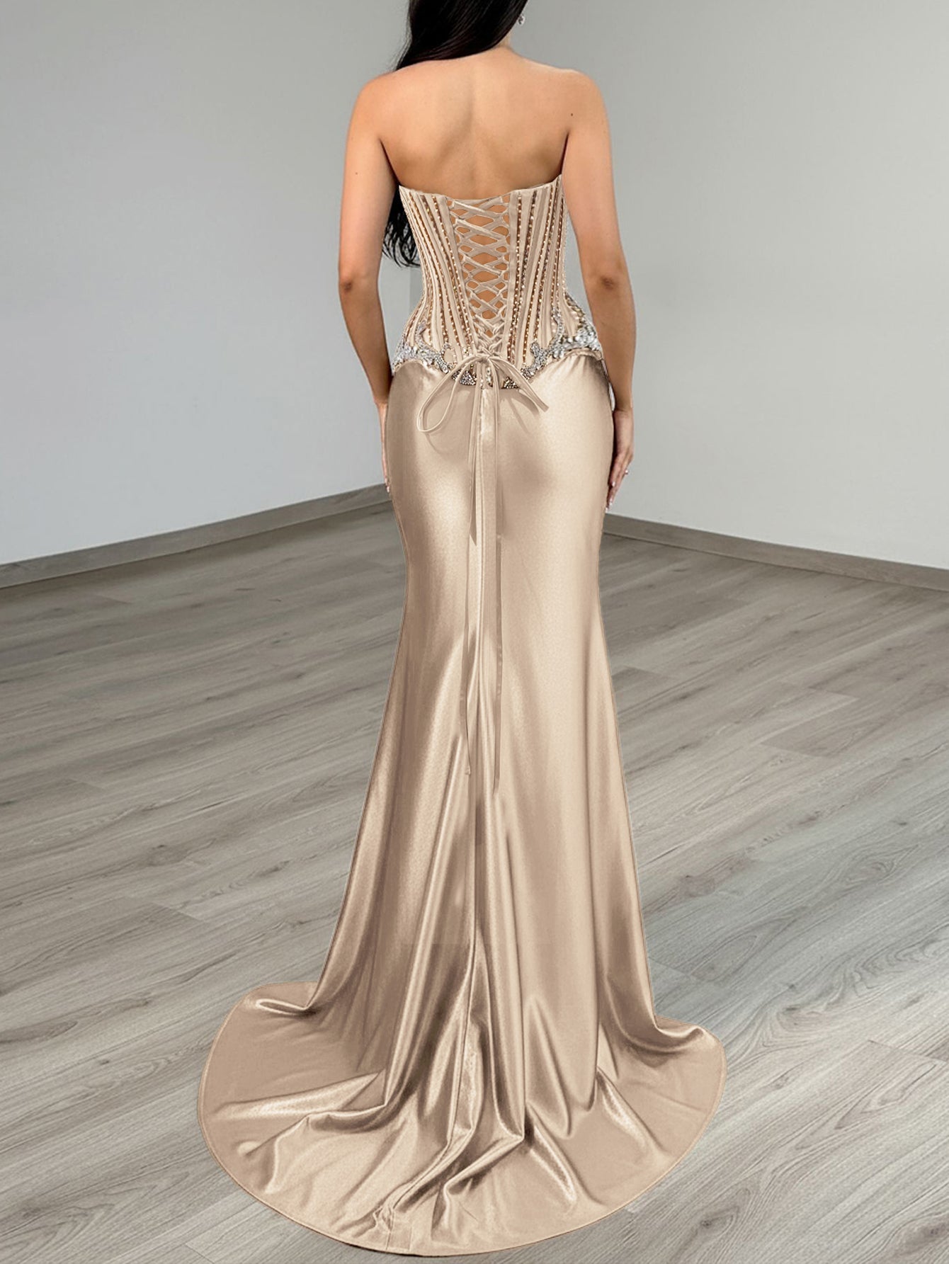 Luxury Crystal Strapless Sheer Bodice Mermaid Evening Dress - Champagne