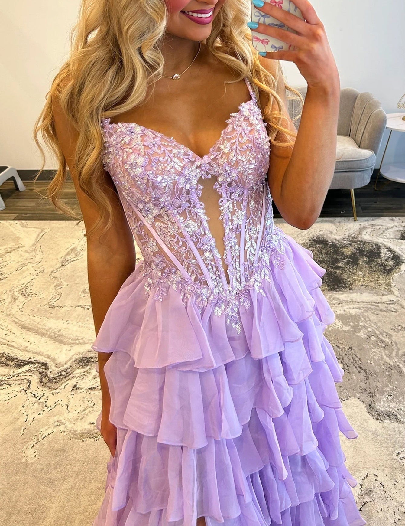 Lace Cut Front Boned Ruffled Ball Gown Dress - Lavender