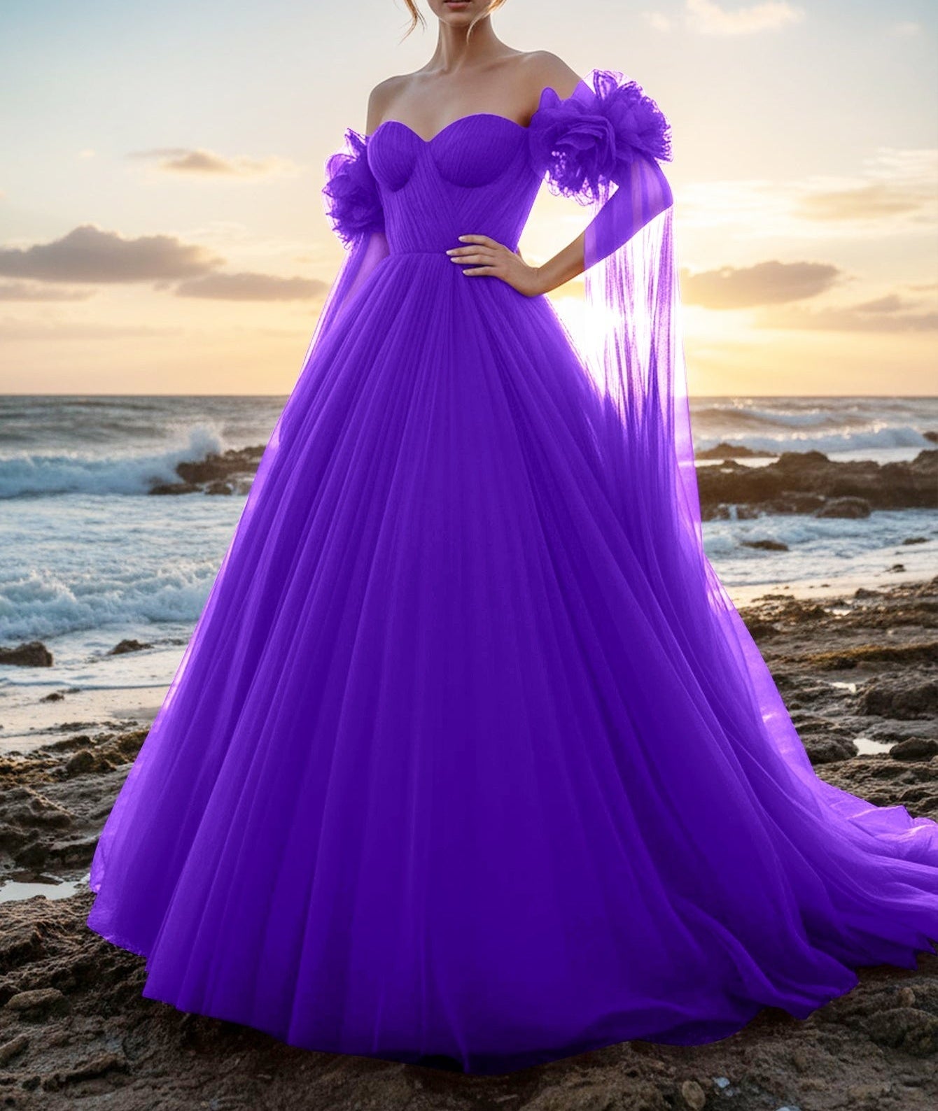 Off Shoulder 3D Rose Ball Gown Evening Dress With Long Sleeve - Purple