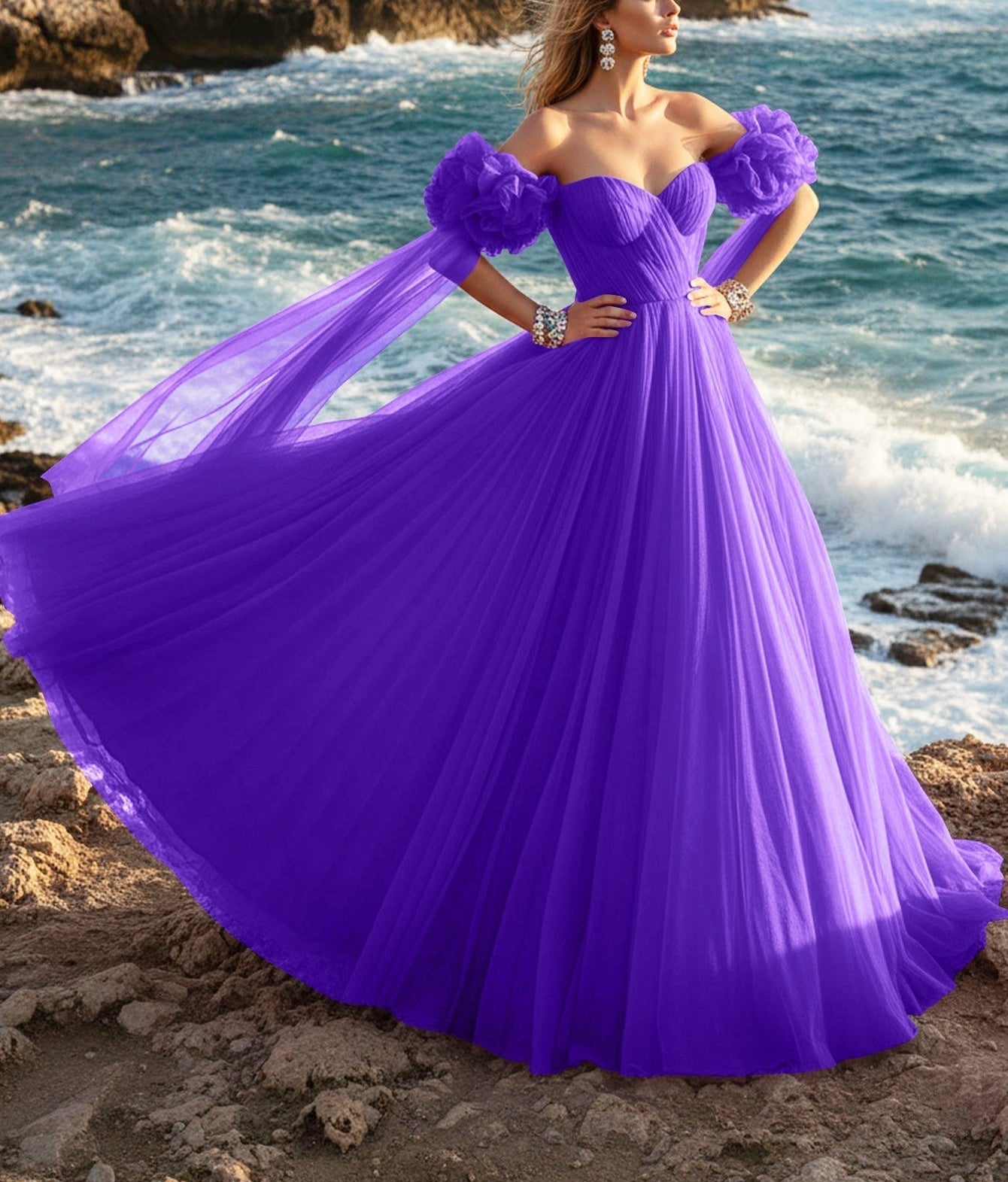 Off Shoulder 3D Rose Ball Gown Evening Dress With Long Sleeve - Purple
