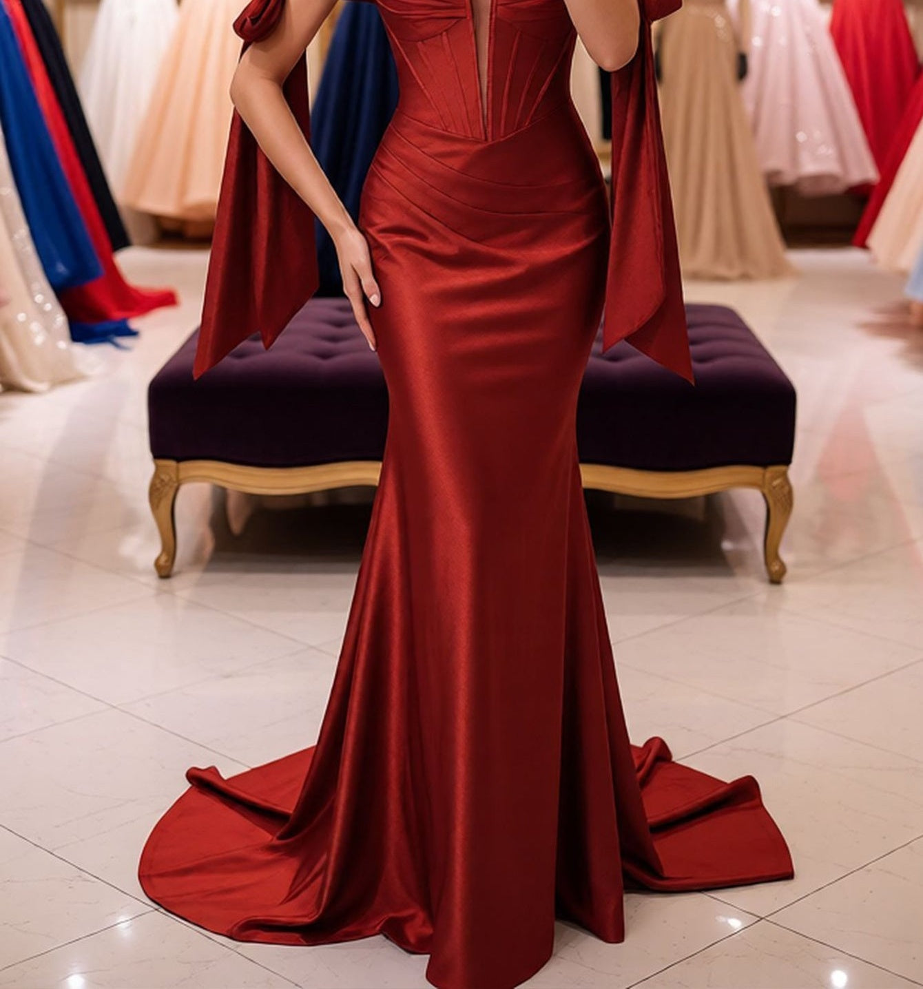 red off the shoulder prom dress Off Shoulder Lace Up Bow Trumpet Prom Dress