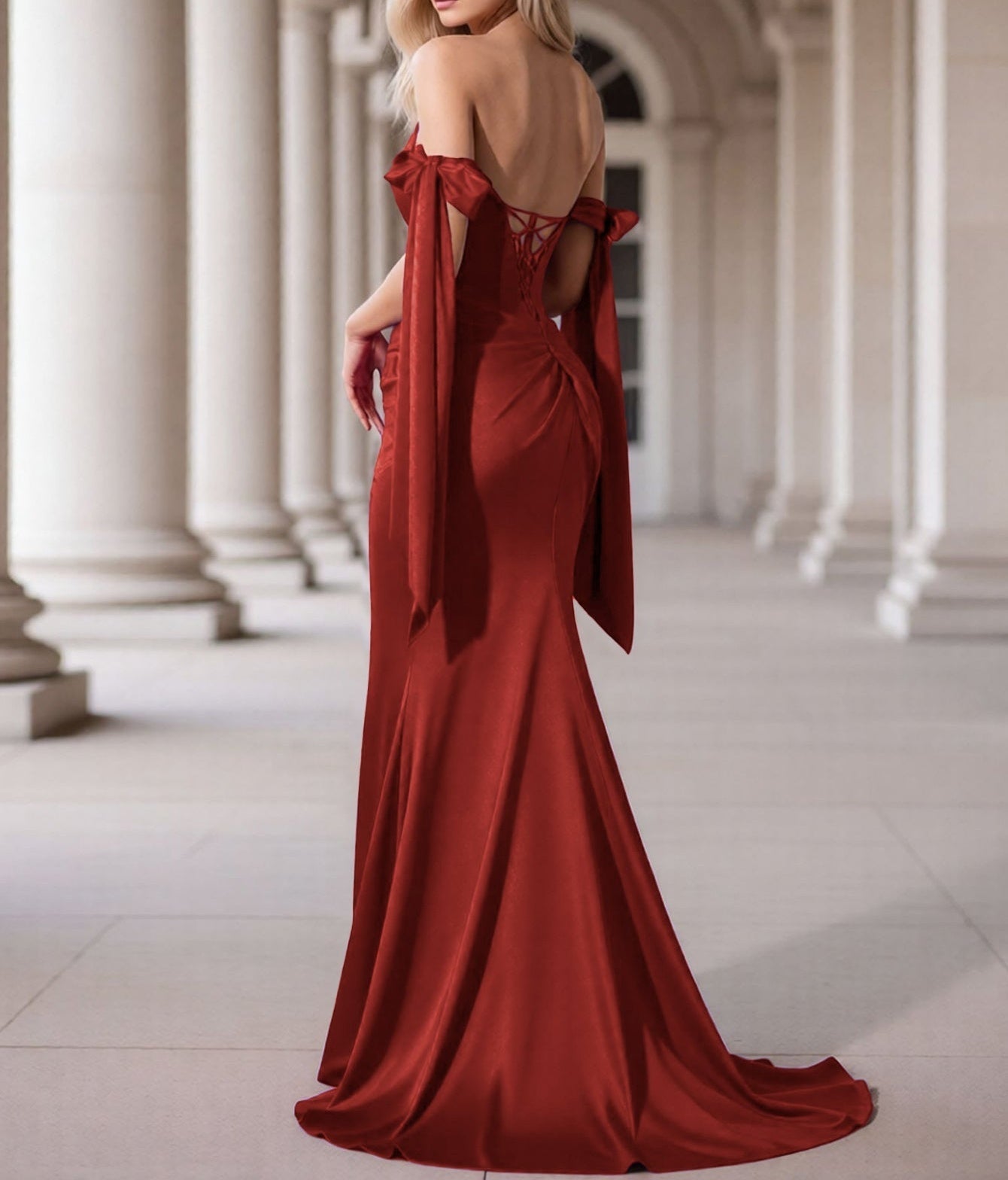 Off Shoulder Lace Up Bow Trumpet Prom Dress - Red