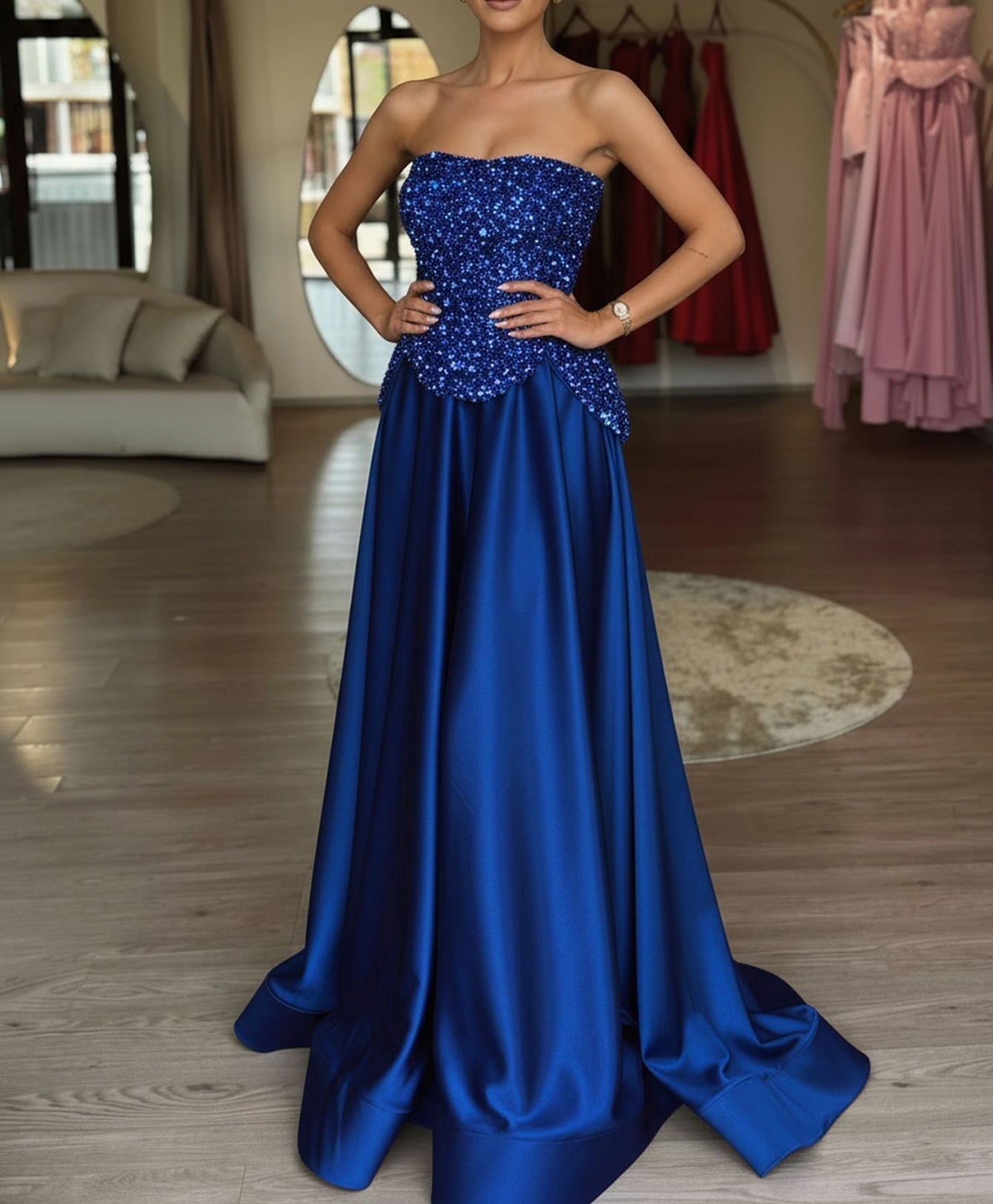 Luxury Two-Piece Sequin Top Satin Skirt Long Prom Dress - Royal Blue