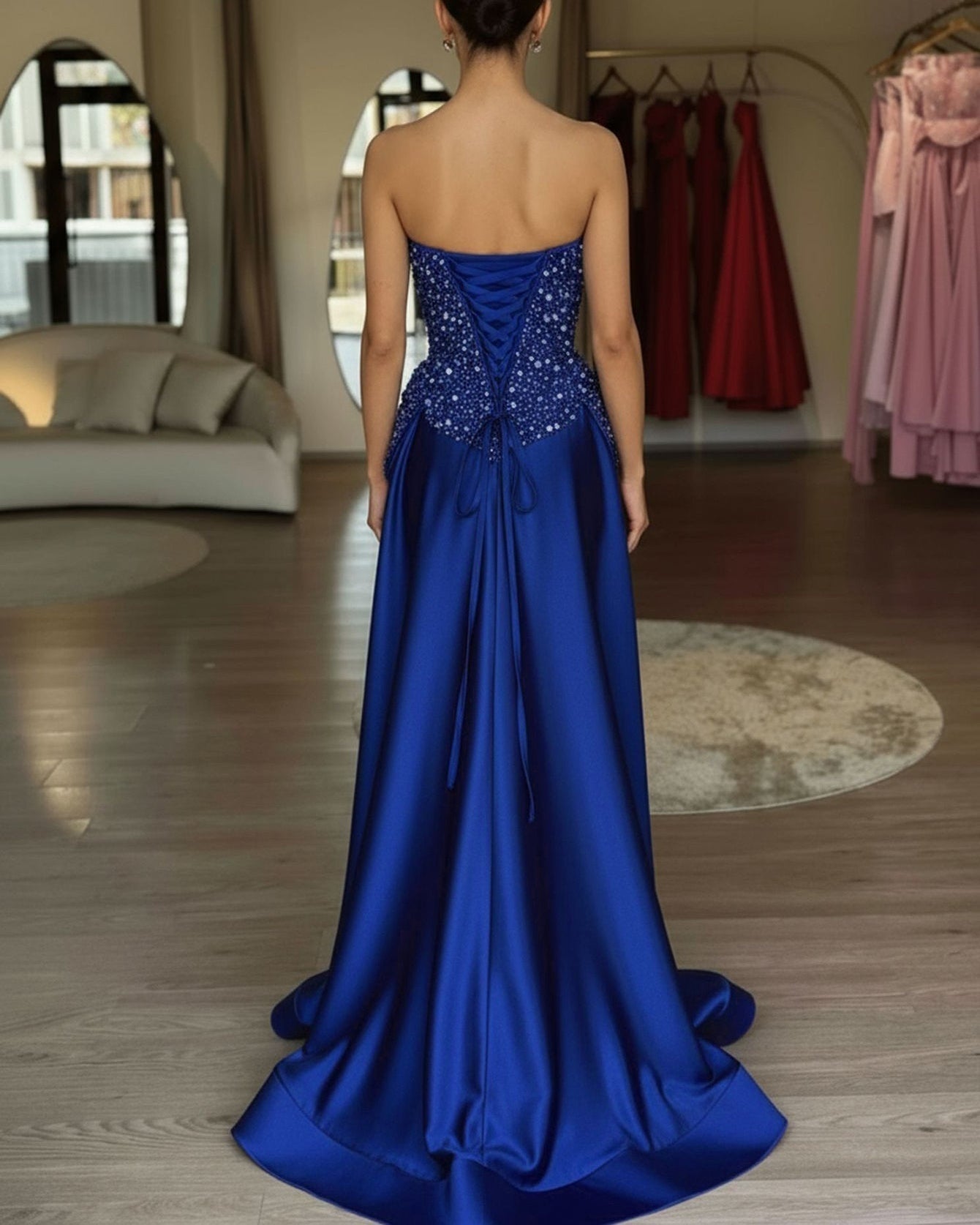 Luxury Two-Piece Sequin Top Satin Skirt Long Prom Dress - Royal Blue