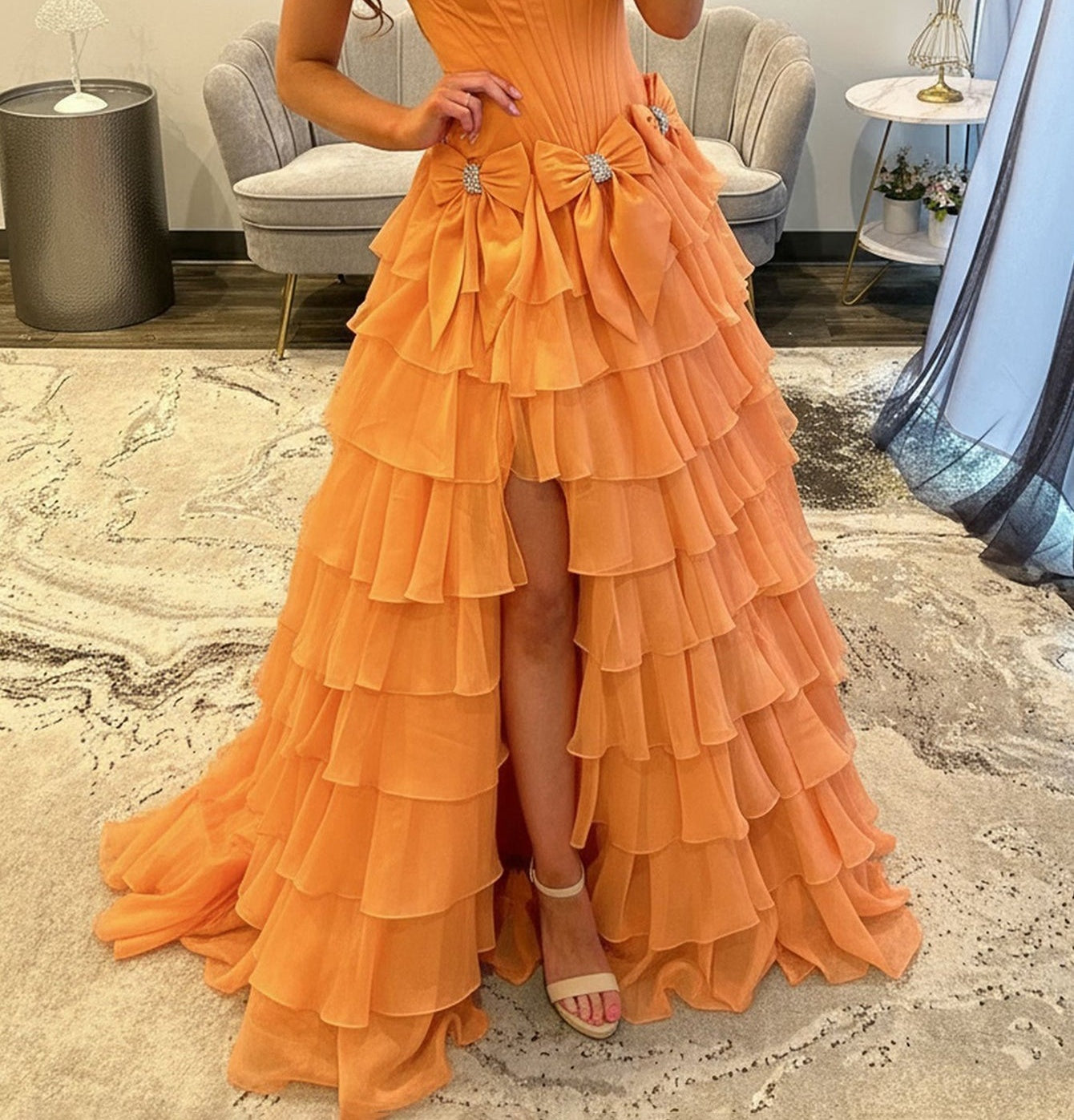 Boned Strapless Tiered Ball Gown Prom Dress Long With Bow - Orange