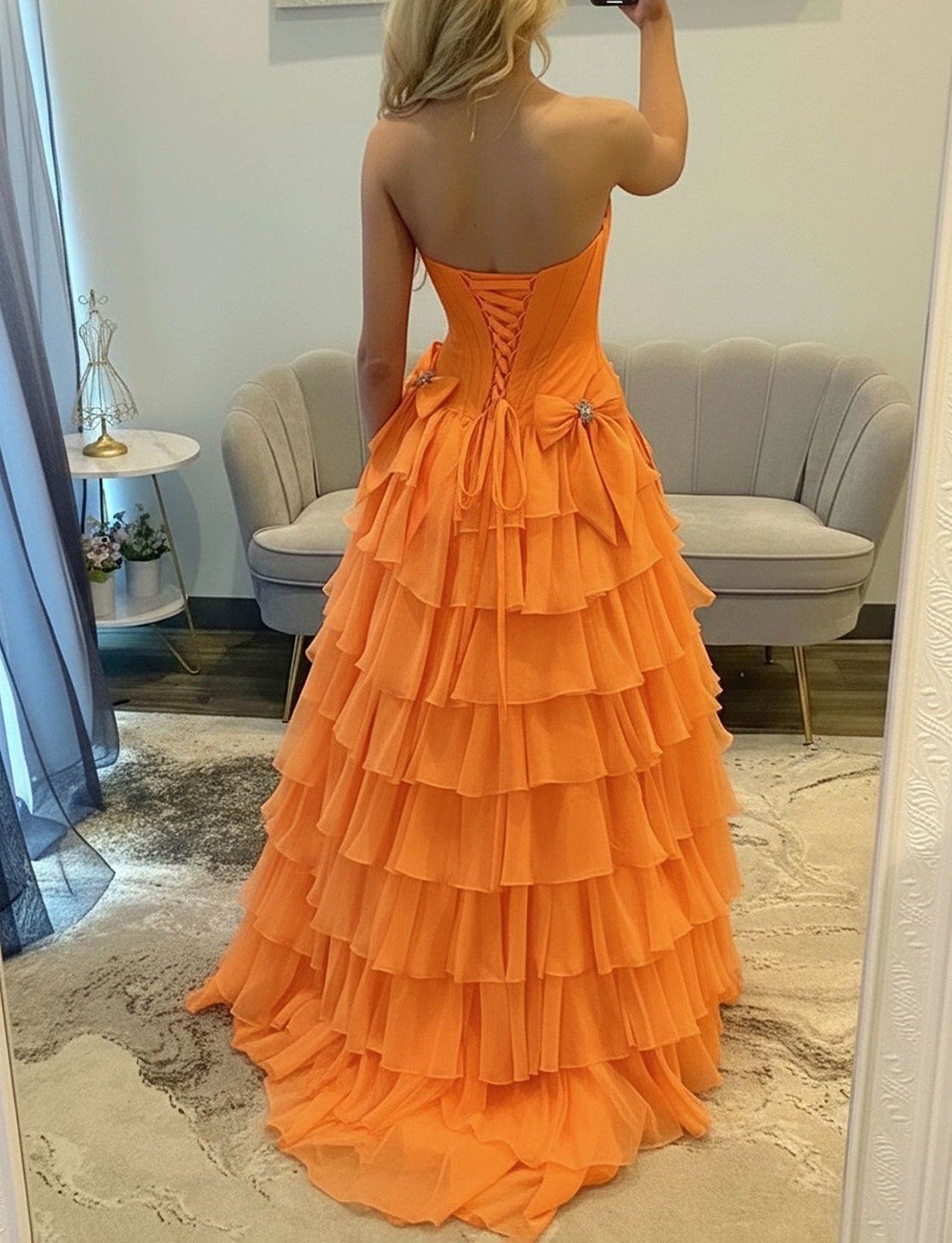 Boned Strapless Tiered Ball Gown Prom Dress Long With Bow - Orange