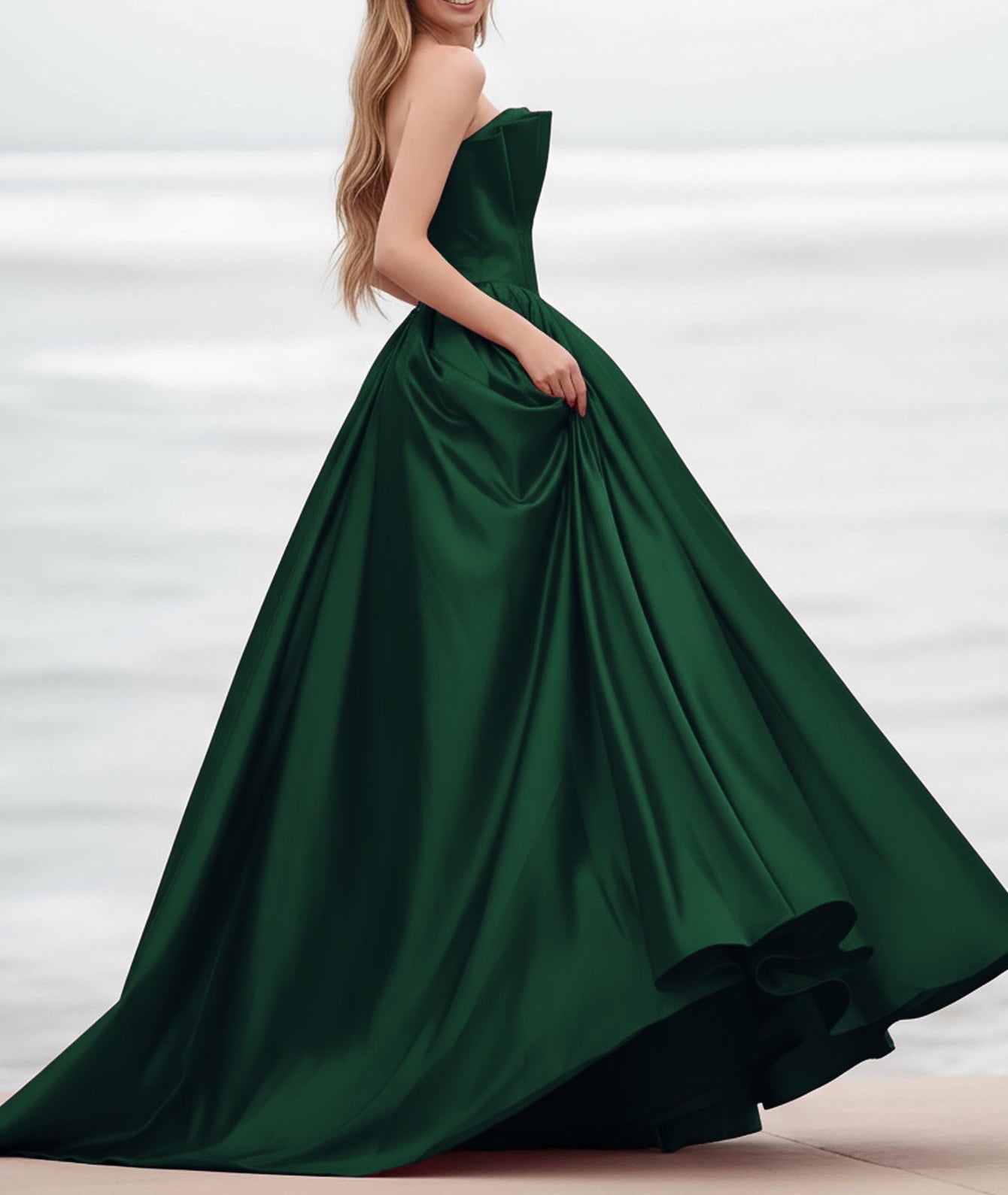 Pleated Bust Ruffle Hem Strapless Satin Prom Ball Gown - Emerald Green