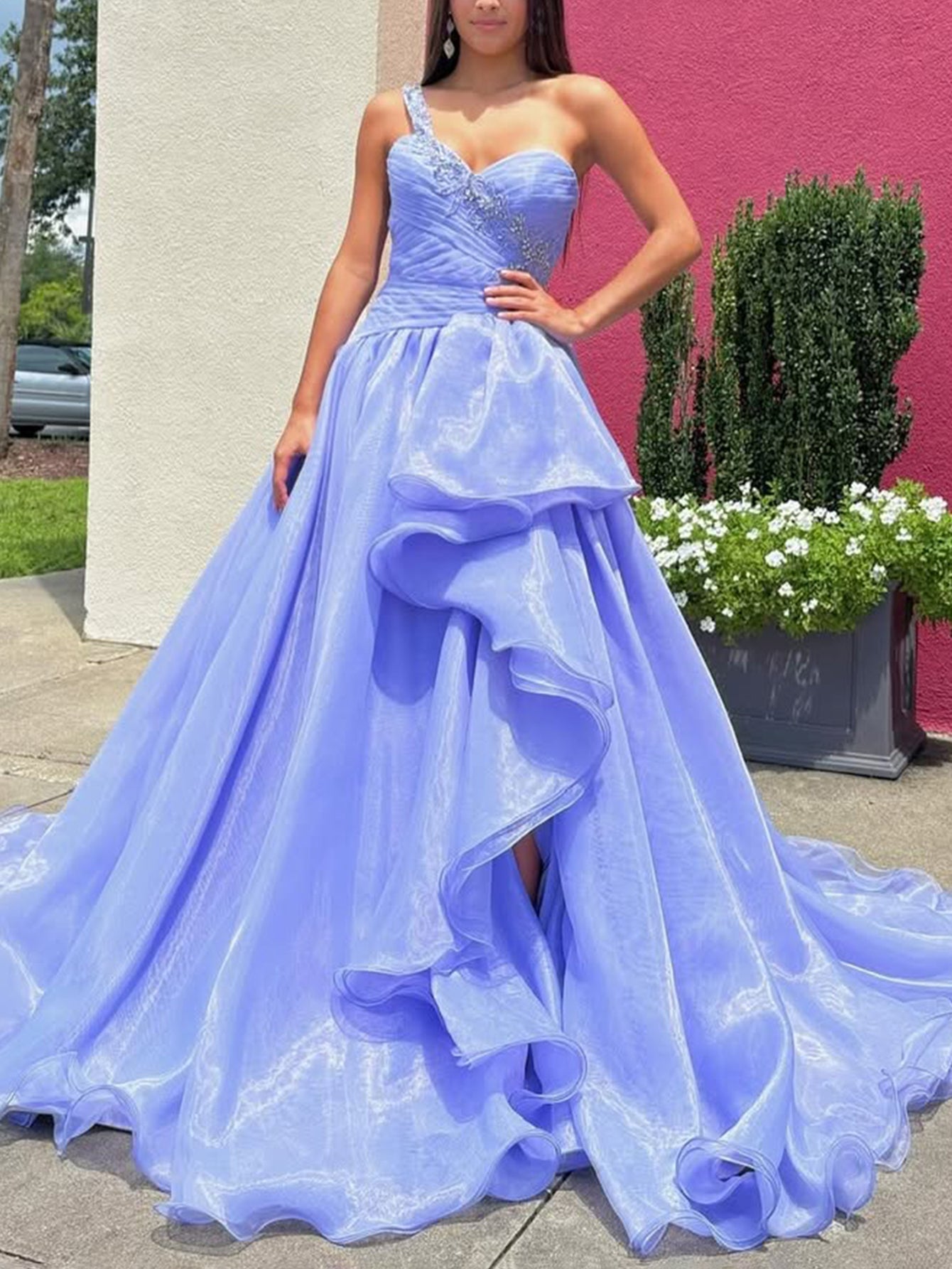 Sweetheart Beading Ruched Bodice Ball Gown Prom Dress With Detachable Strap - Lavender