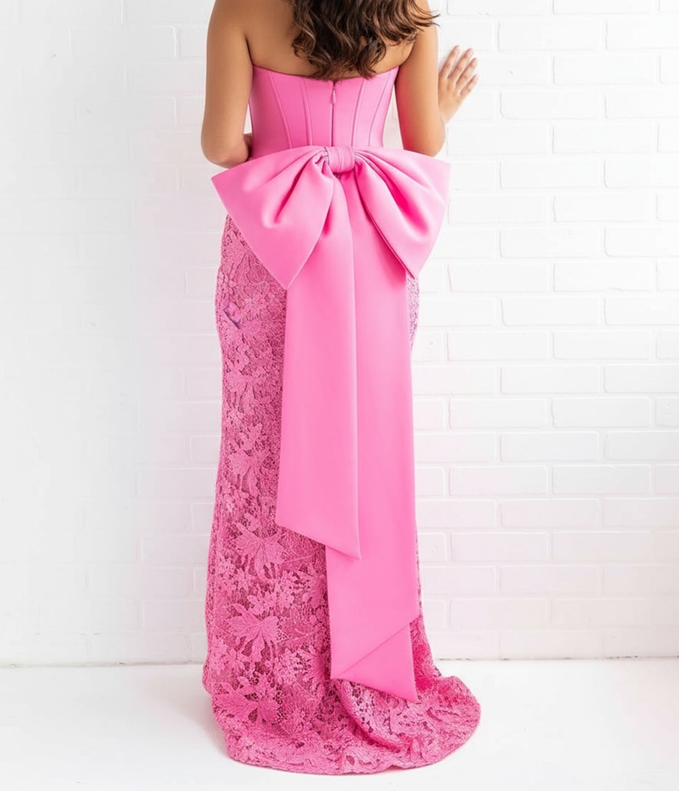 Strapless Bow Back Ruched Beading Floral Embroidery Bodice Mermaid Prom Dress With Slit - Pink