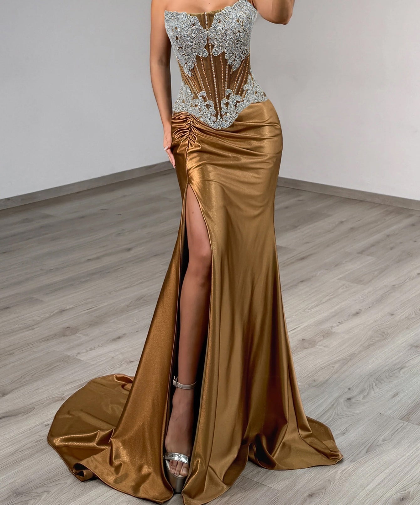 Luxury Crystal Strapless Sheer Bodice Mermaid Evening Dress