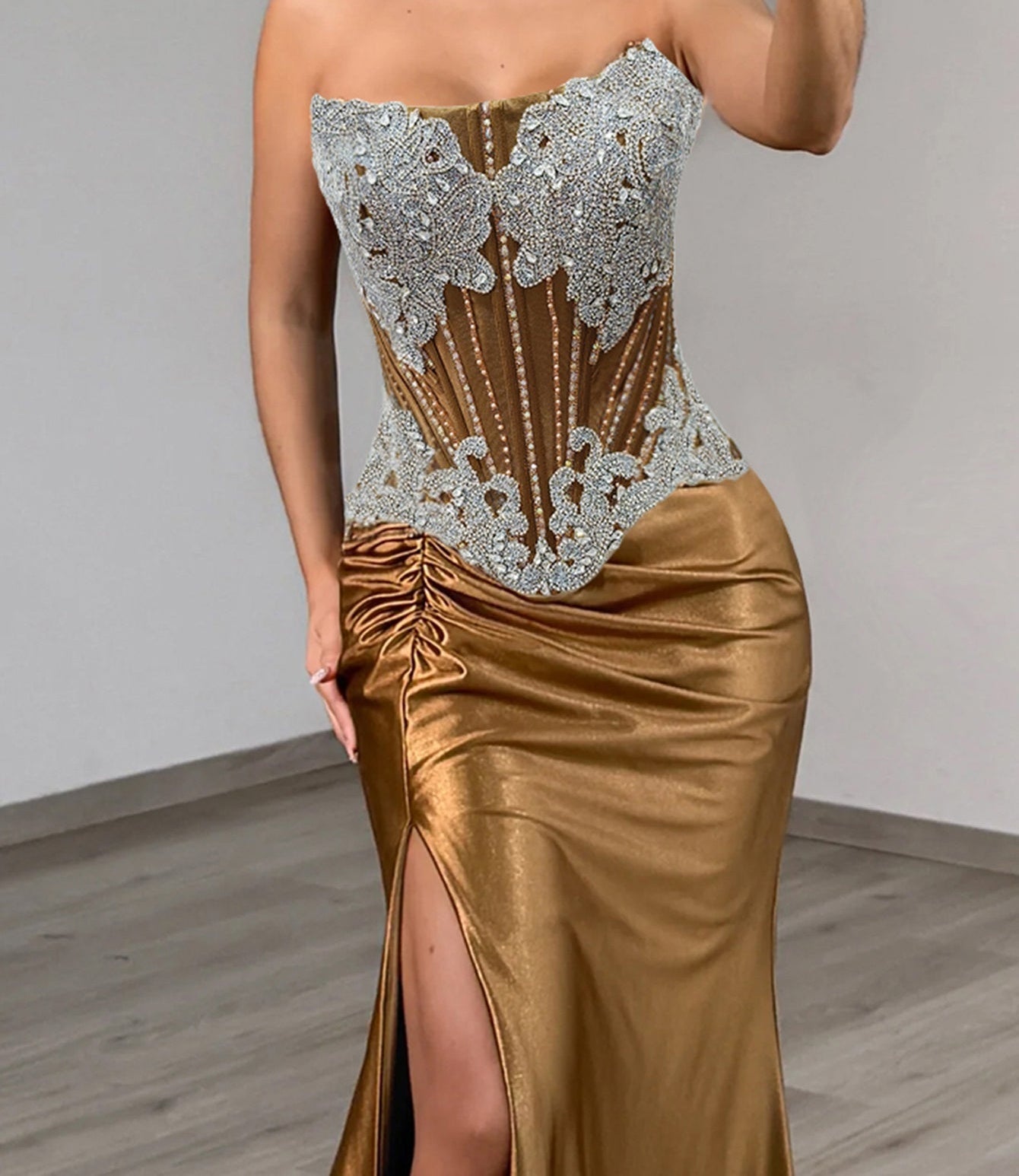 Luxury Crystal Strapless Sheer Bodice Mermaid Evening Dress - Gold