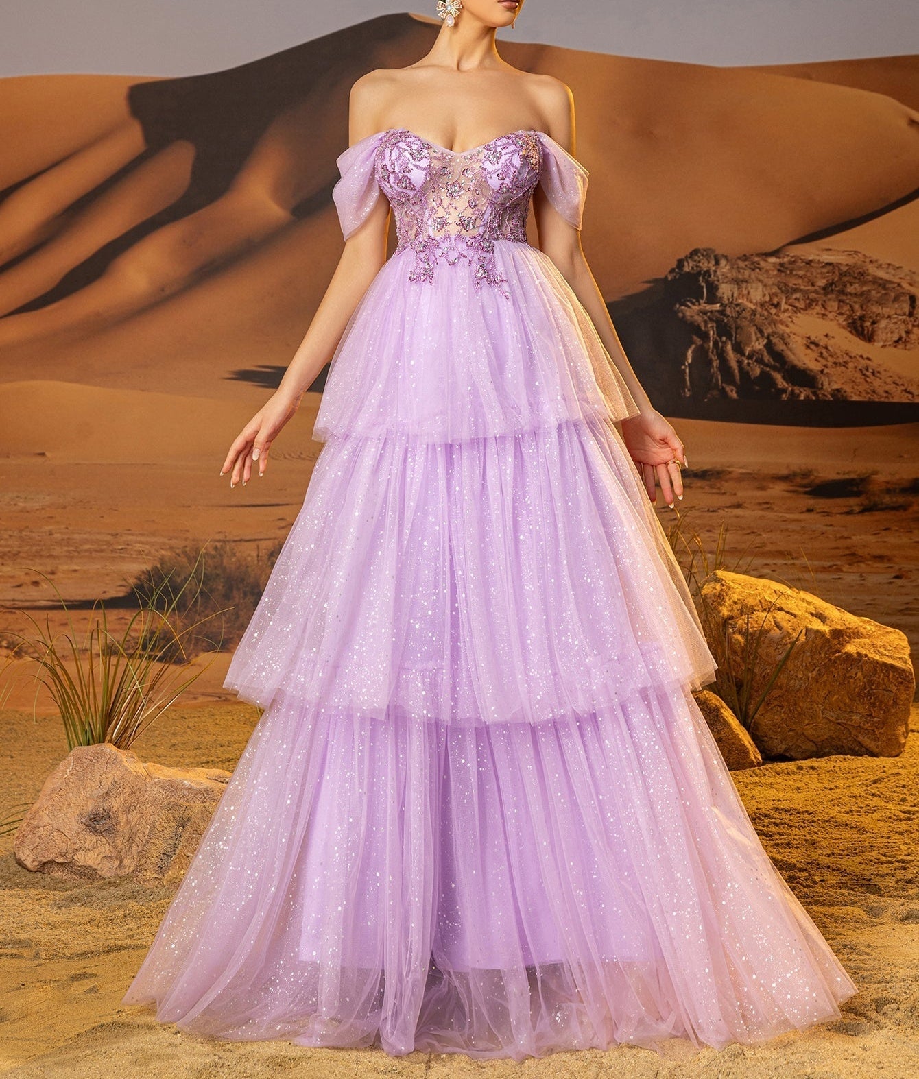layered lace prom dress Off Shoulder Sparkly Embroidery Ball Gown lavender lace prom dress
