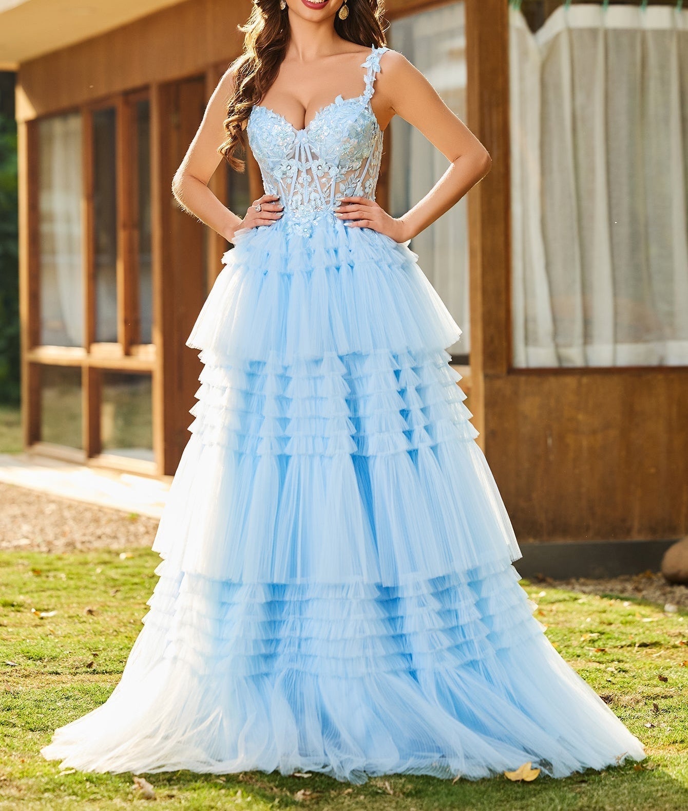 corset style prom dress Flower Appliqued Corset Top Lace Layered Tiered Ball Gown Prom Dress -