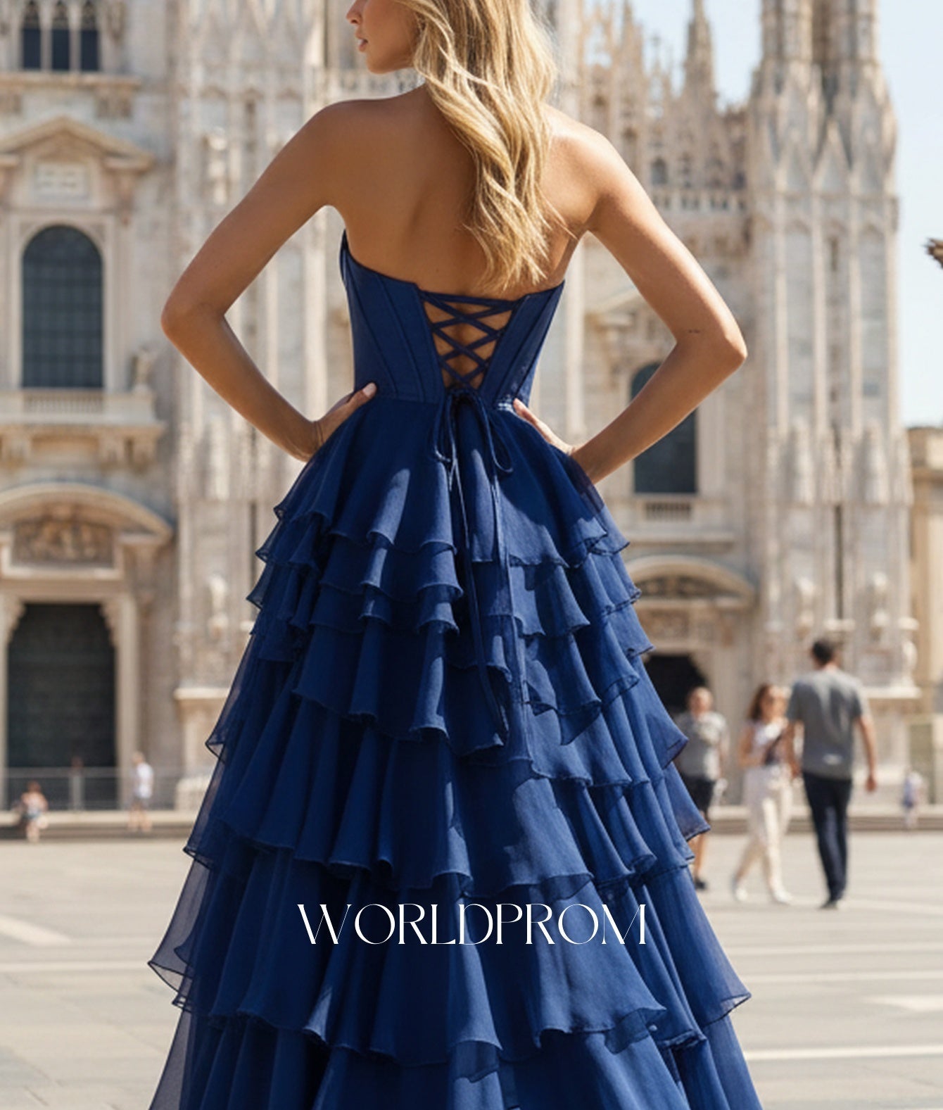 Sweetheart Pleated Bodice LayeNavy Blue Ruffle Hem Long Prom Dress With Slit - Navy Blue