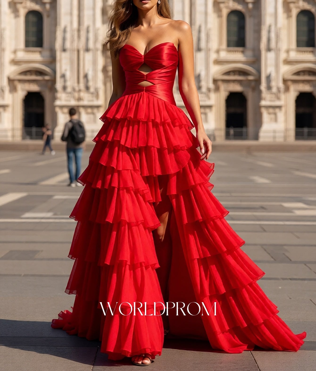 Cut Front Pleated Layered Ruffle Hem Long Prom Dress With Slit - Red