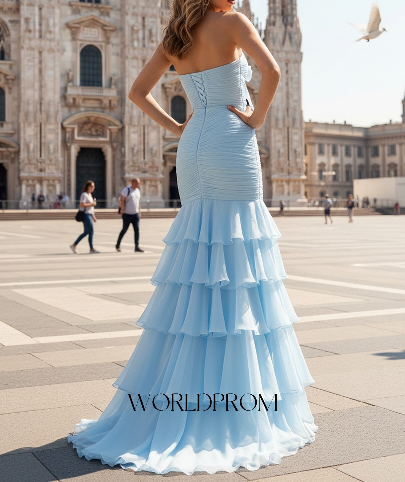 Bow Front Pleated Layered Ruffle Hem Mermaid Long Prom Dress - Baby Blue