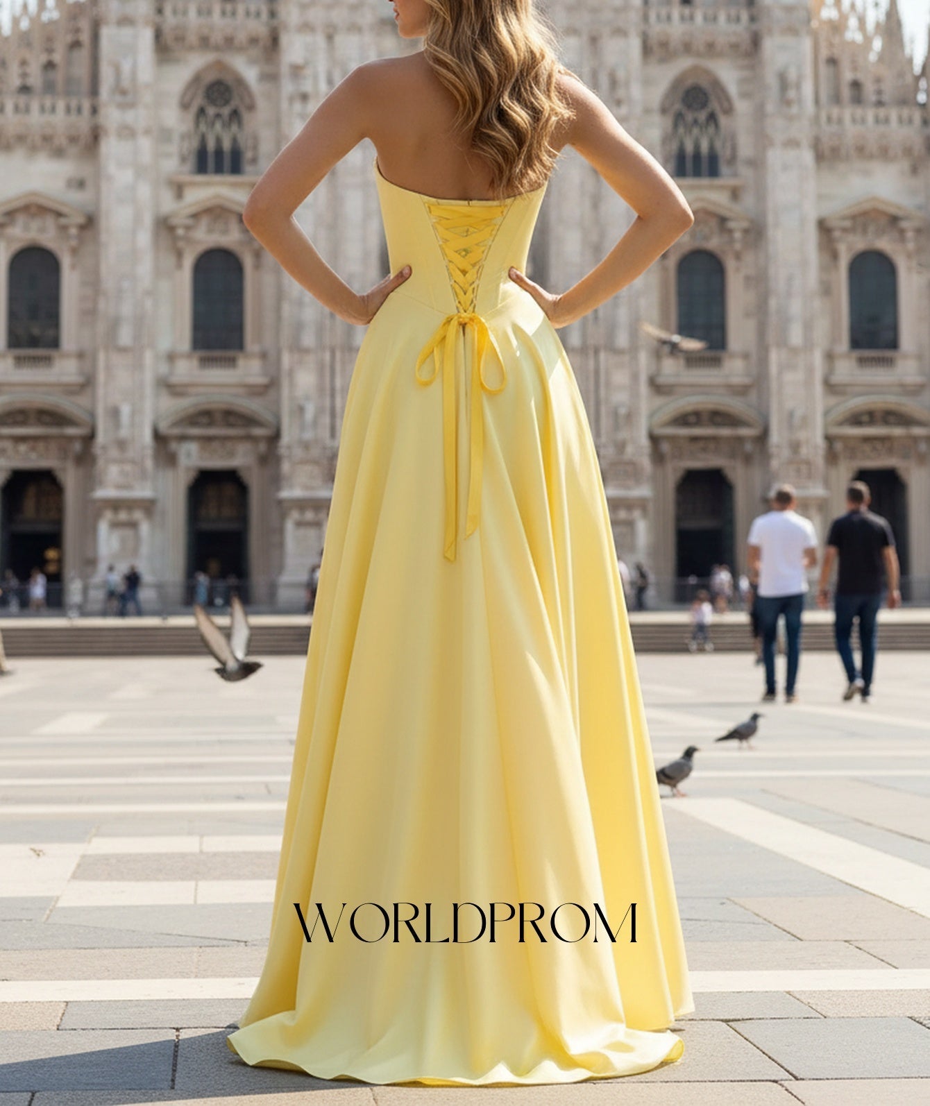 Sweetheart Hot Fix Crystal Ruched Bust Bodice A-Line Long Prom Dress With Pockets - Goose Yellow