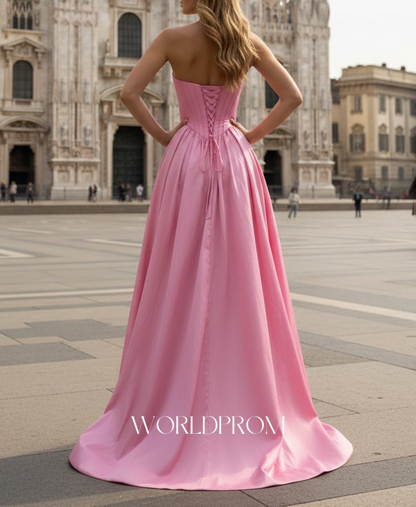 Ruched Bust Pleated Bodice A-Line Lace Up Long Prom Dress With Slit - Pink