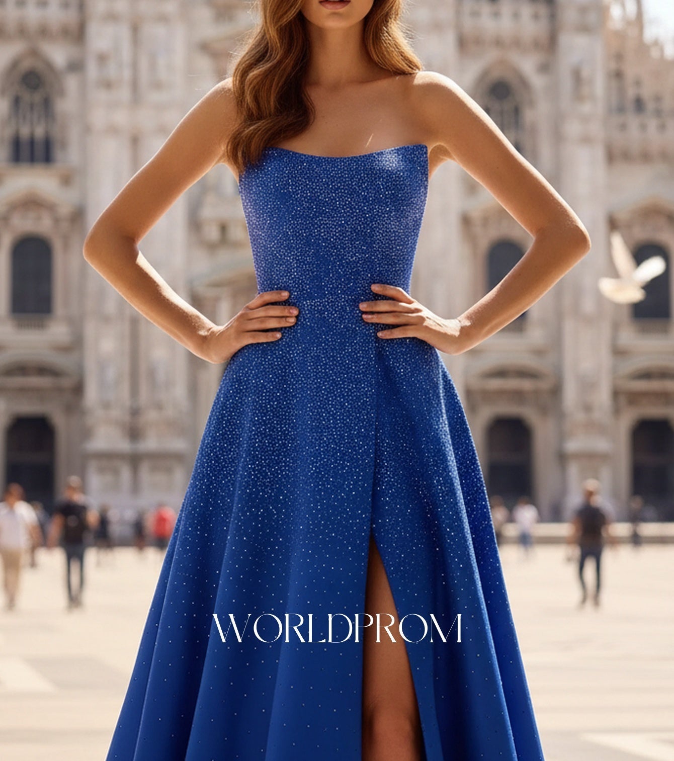 Hot Fix Crystal Corset A-Line Lace Up Long Prom Dress With Slit - Royal Blue