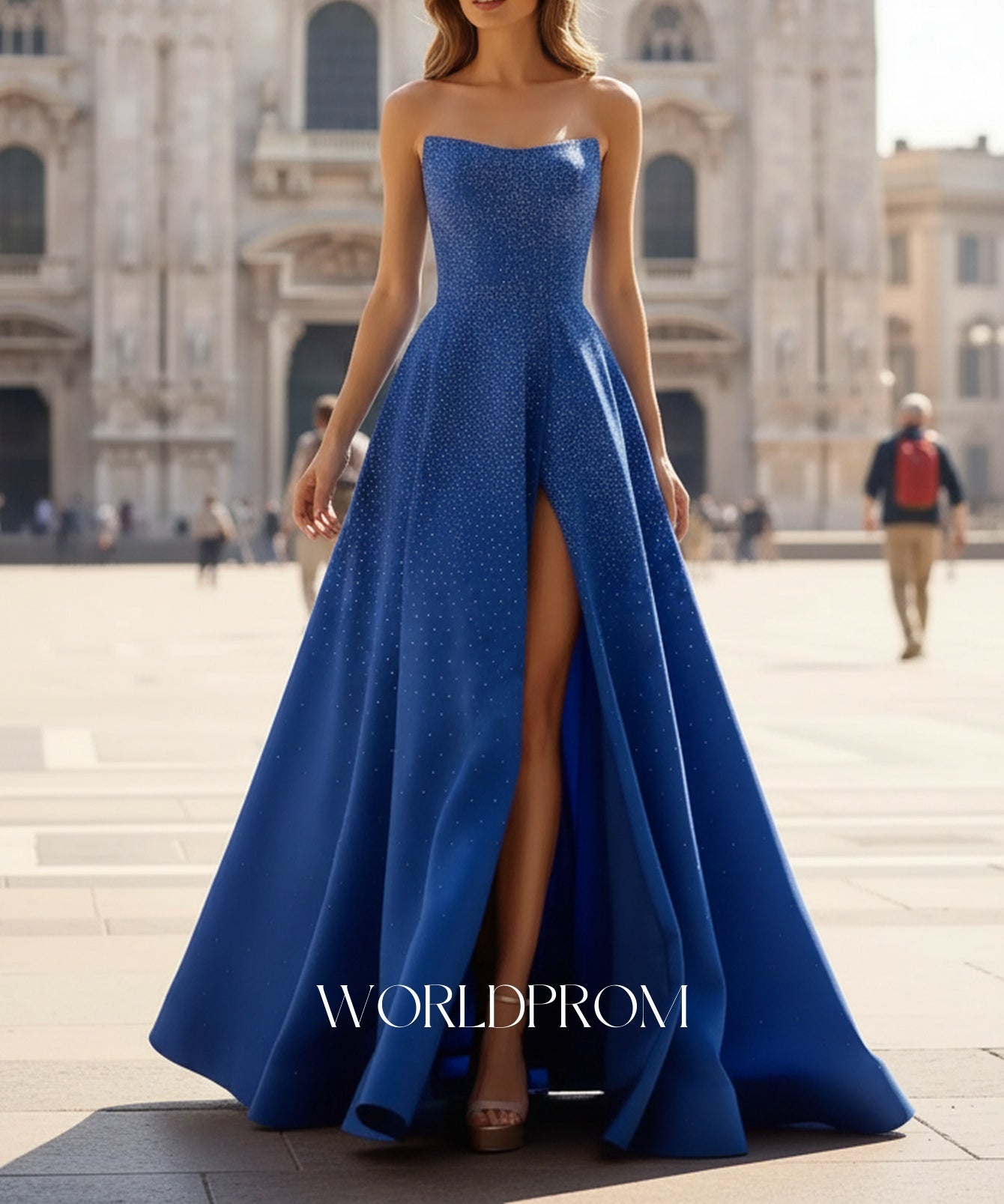 Hot Fix Crystal Corset A-Line Lace Up Long Prom Dress With Slit - Royal Blue
