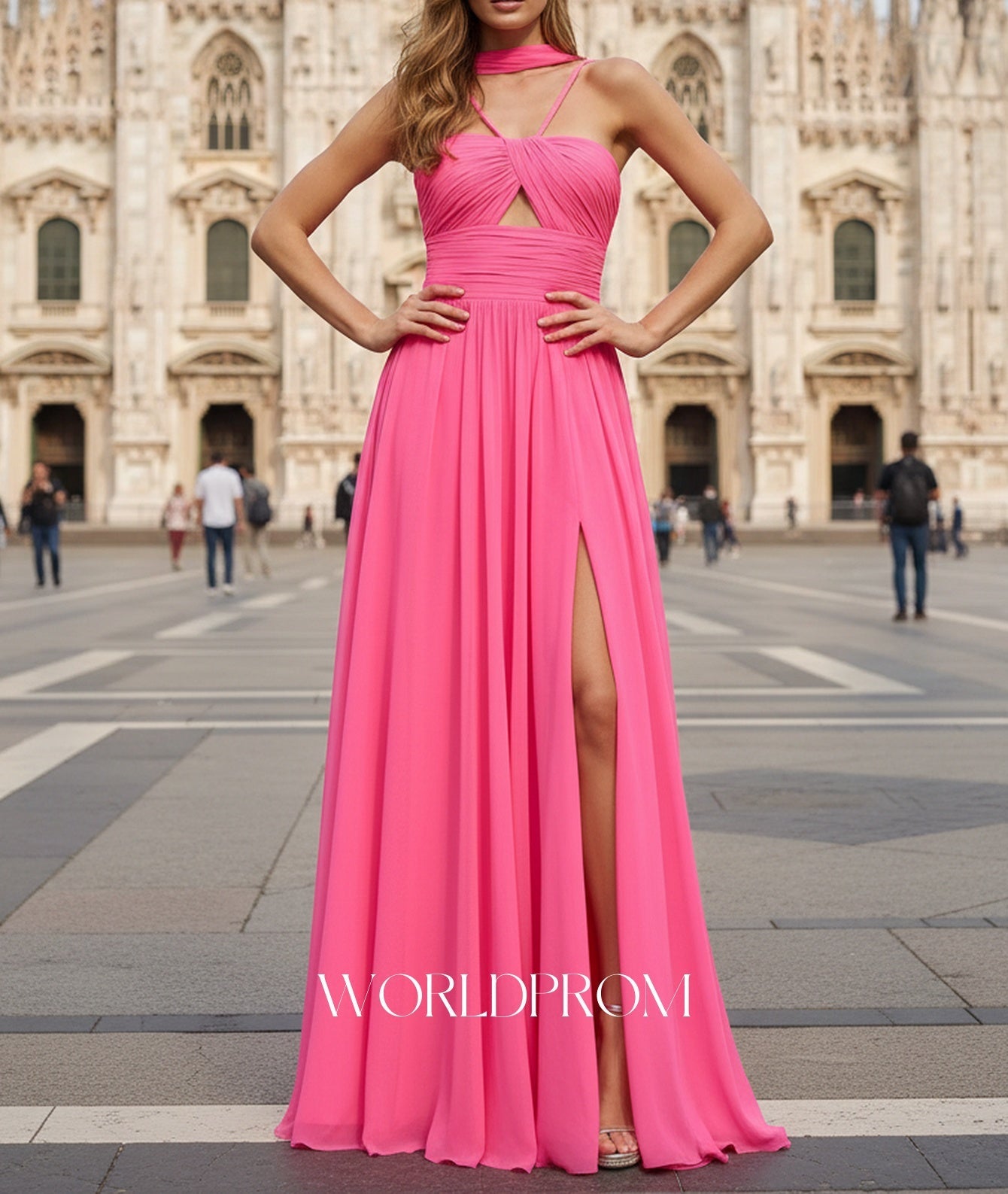 Halter Cut Front Pleated A-Line Lace Up Long Prom Dress With Shawl - Hot Pink