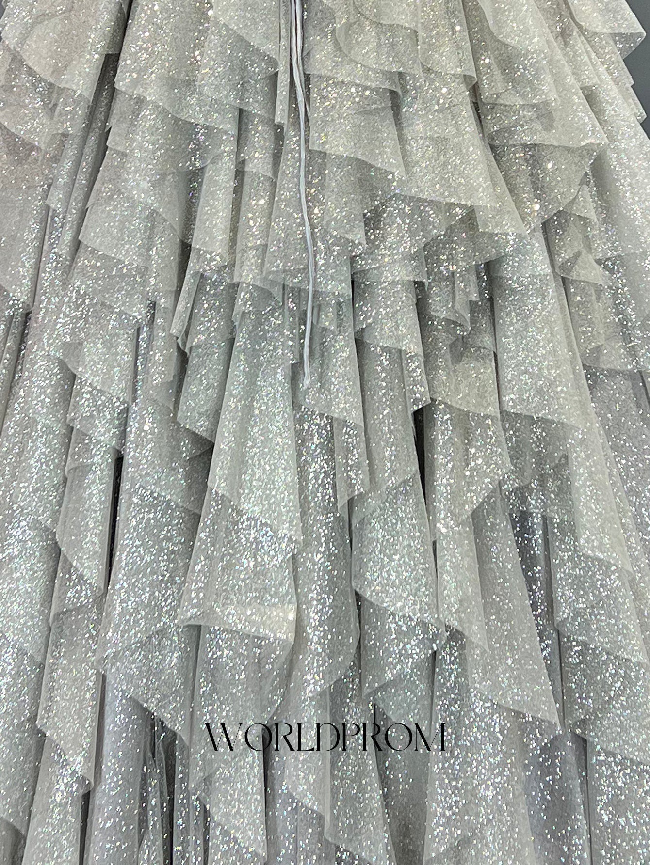 Hot Fix Crystal Spaghetti Shoulder Straps Illusion Layered Ruffle Hem Long Prom Dress - Light Grey