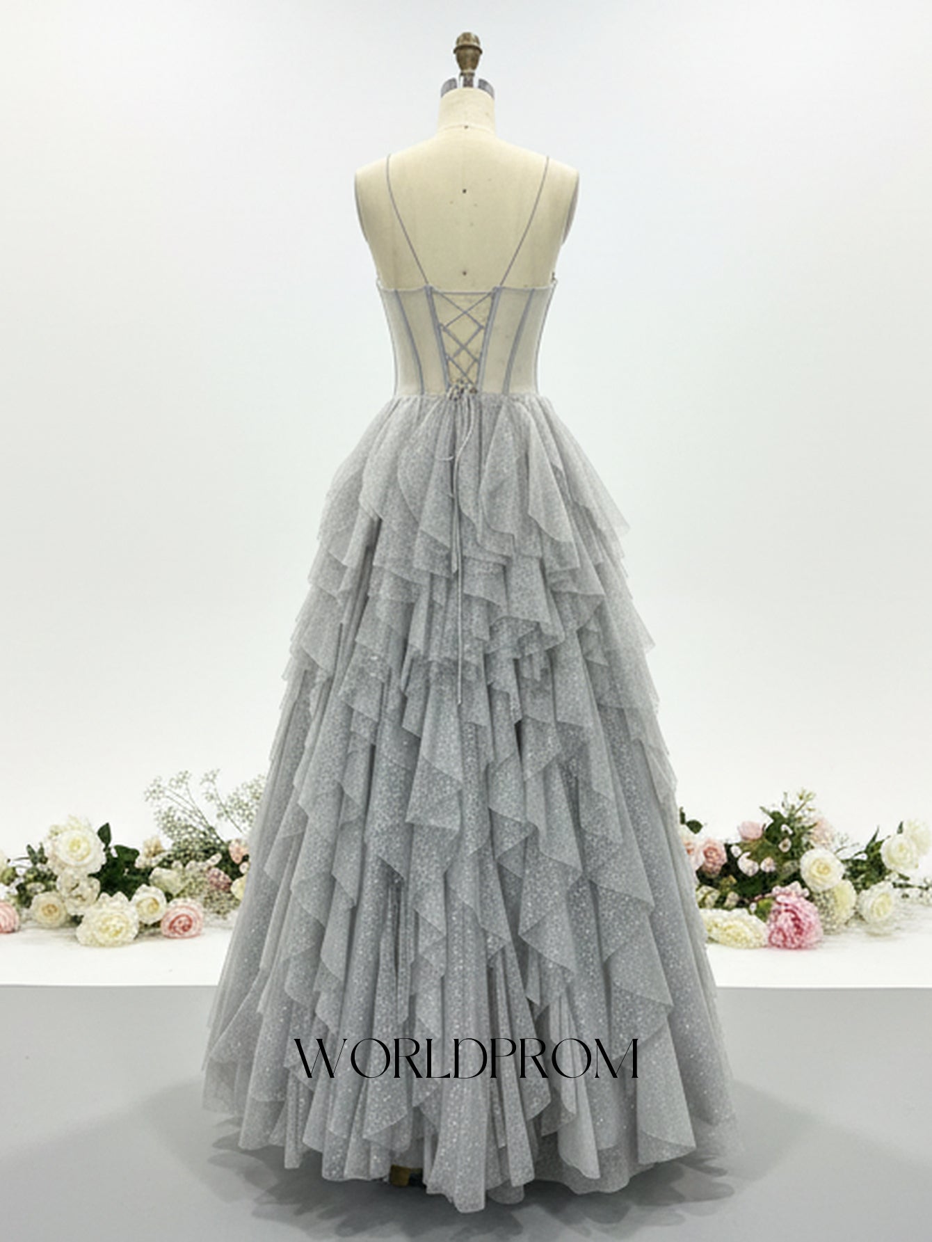 Hot Fix Crystal Spaghetti Shoulder Straps Illusion Layered Ruffle Hem Long Prom Dress - Light Grey