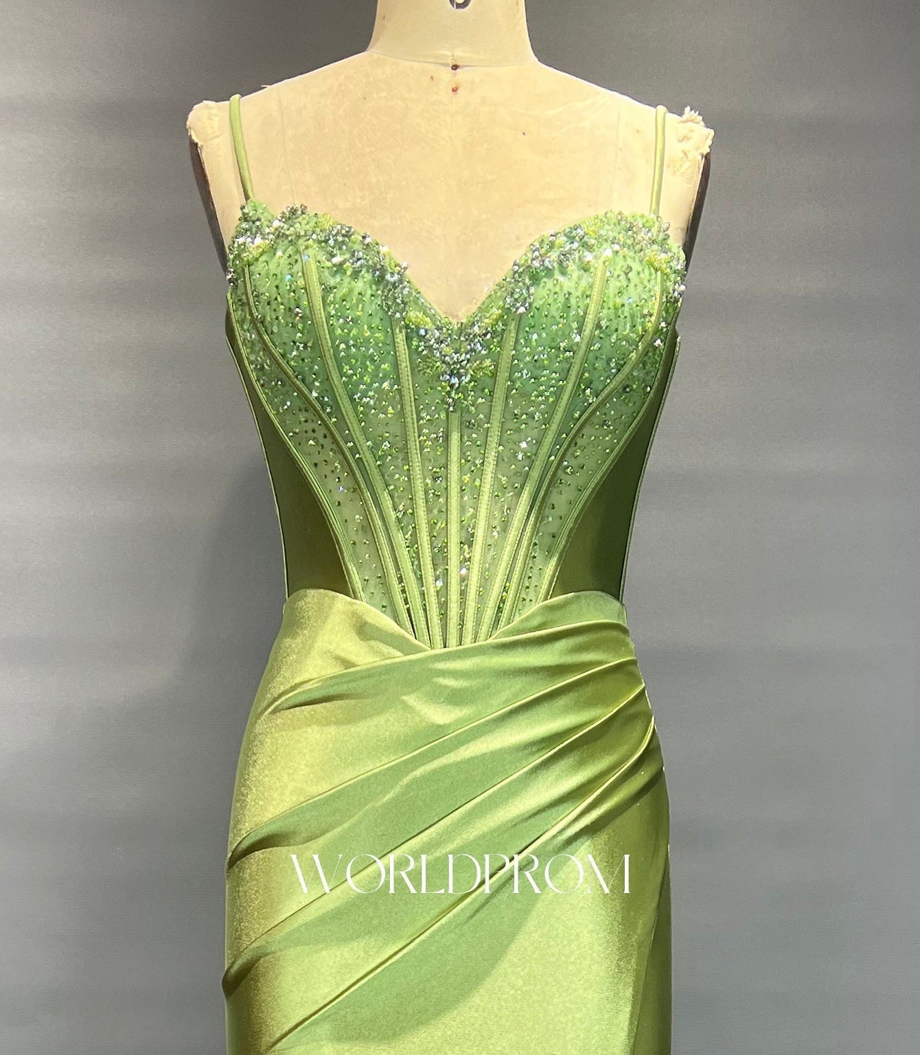 Sweetheart Hot Fix Crystal Spaghetti Shoulder Straps Bodice Mermaid Long Prom Dress - Olive Green