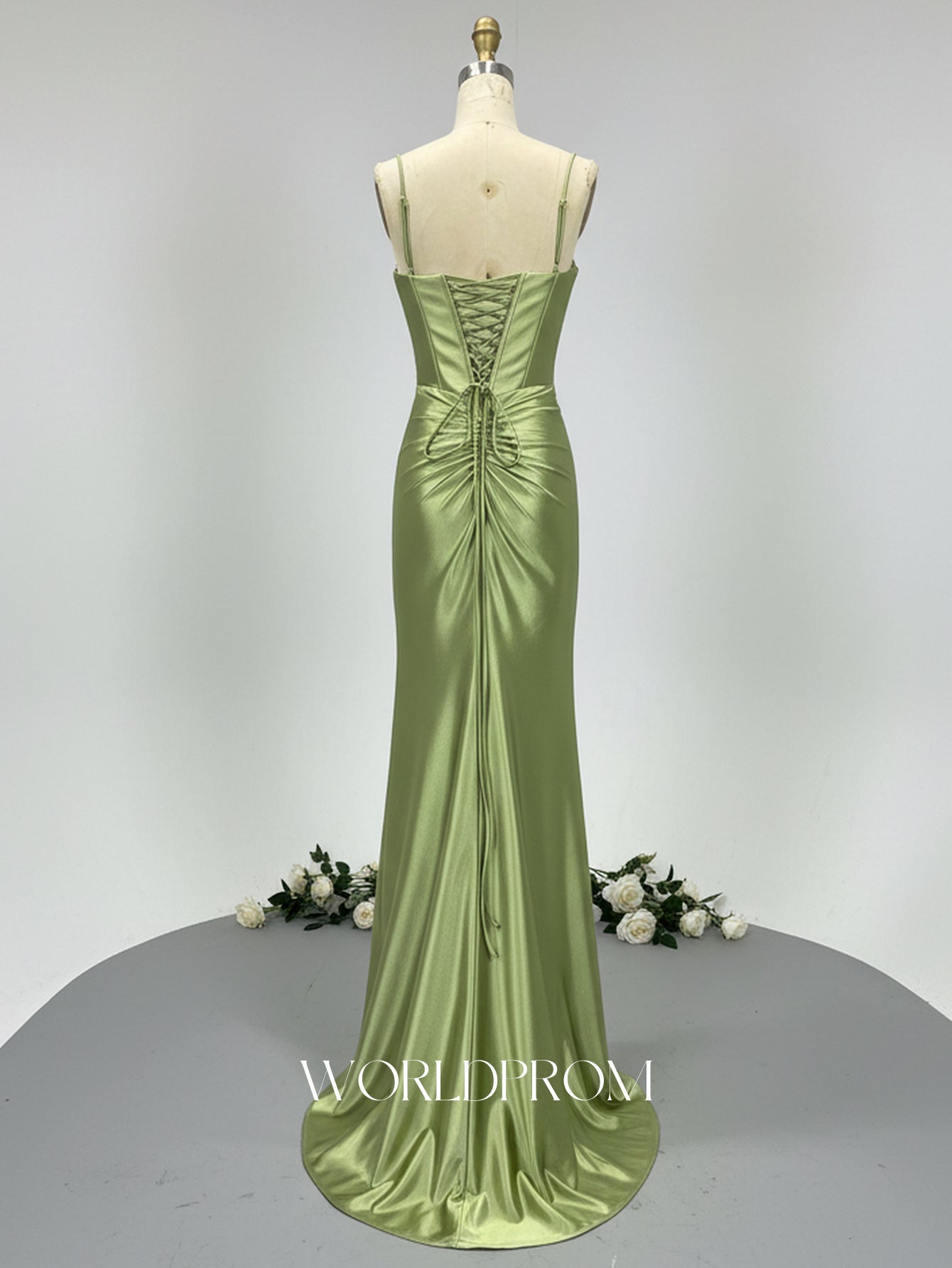 Sweetheart Hot Fix Crystal Spaghetti Shoulder Straps Bodice Mermaid Long Prom Dress - Olive Green