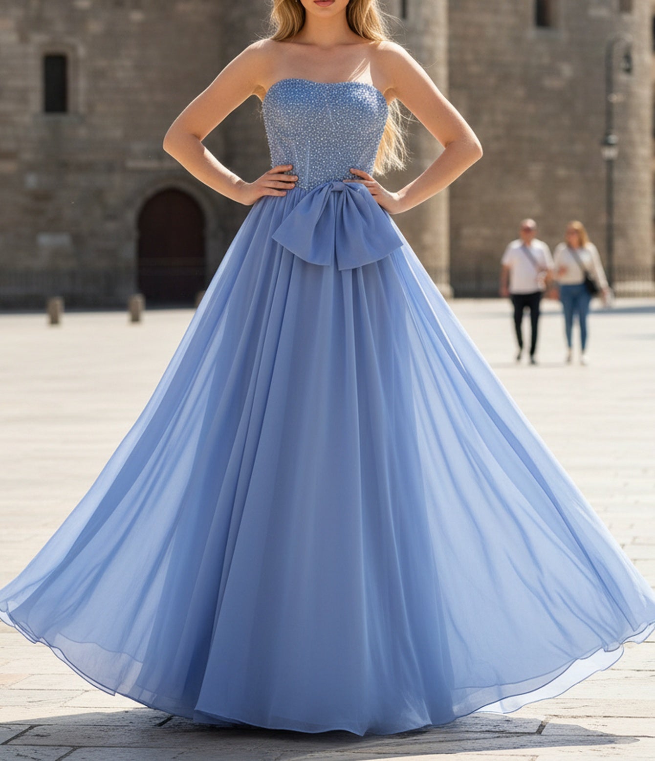 Sparkly Beading A-Line Long Prom Dress With Waist Bow - Light Blue