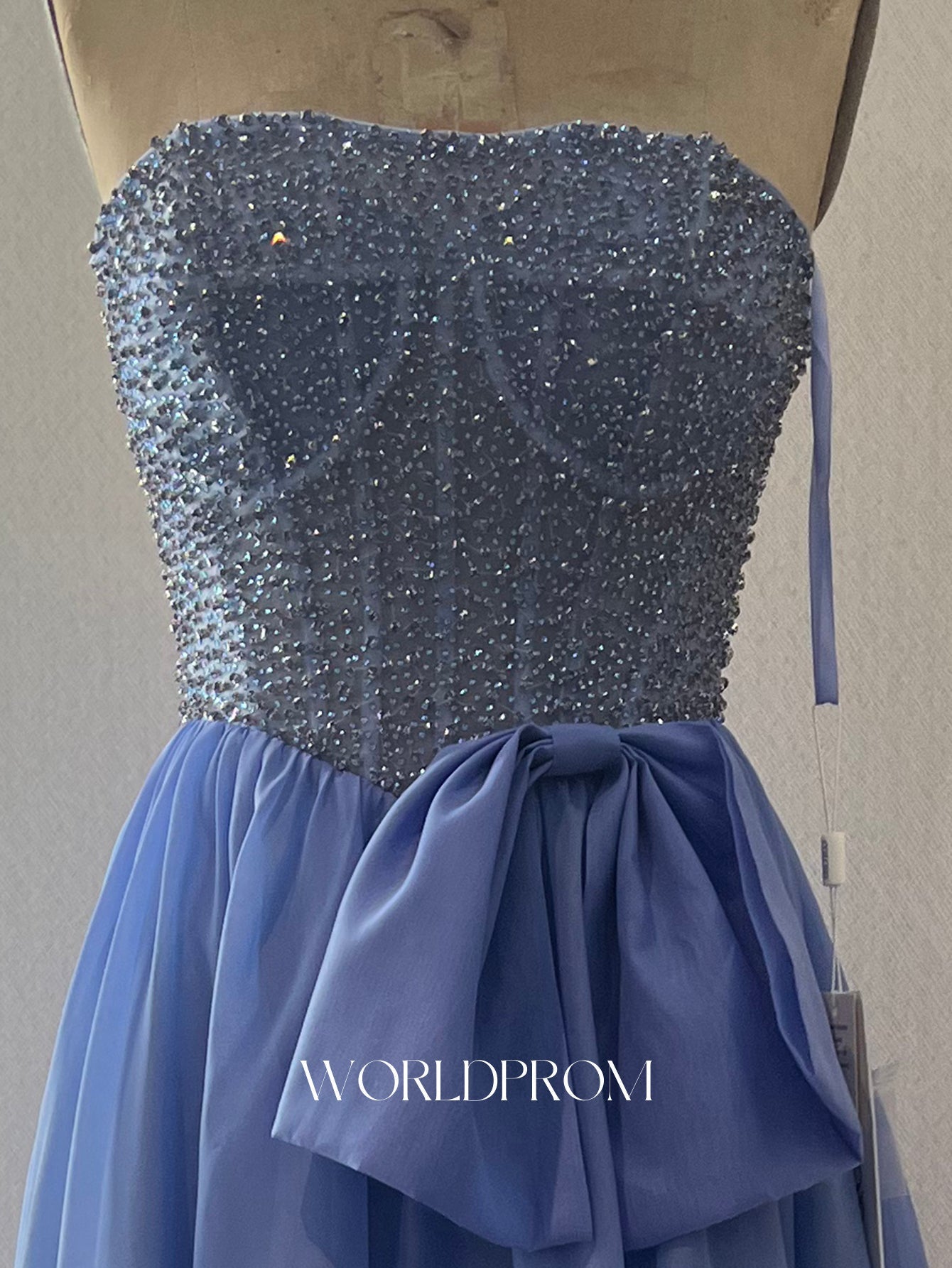 Sparkly Beading A-Line Long Prom Dress With Waist Bow - Light Blue